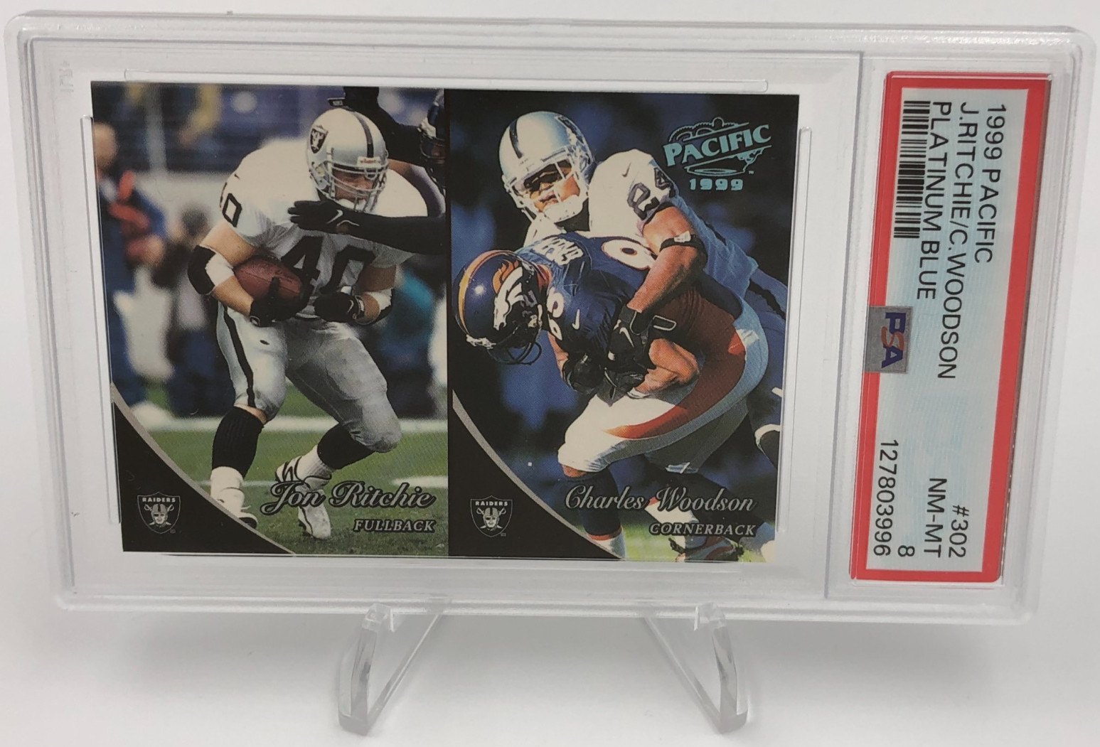 CHARLES WOODSON Trading Card  1999 Pacific #302  RARE/75 BLUE  w J RITCHIE PSA 8