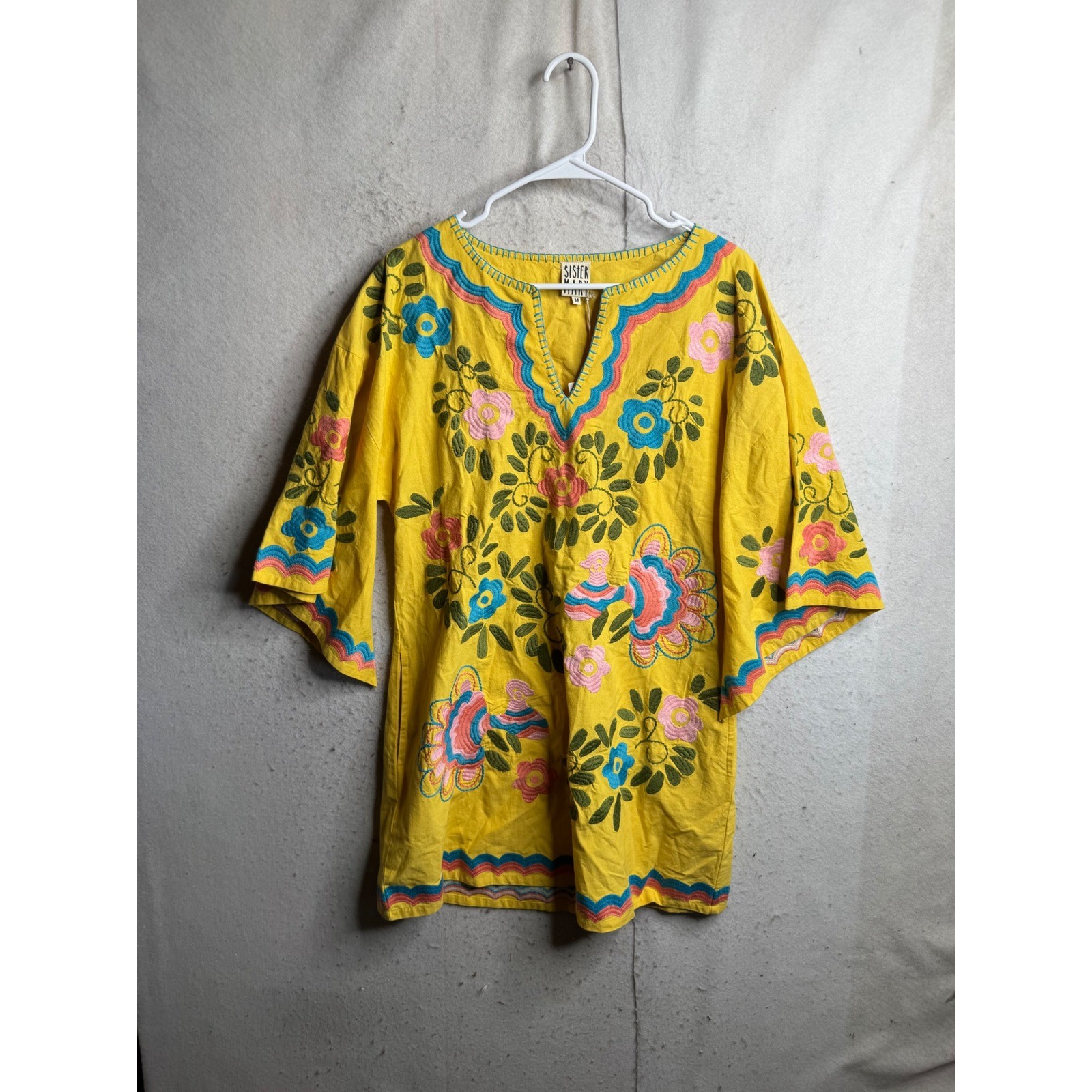 Sister Mary Nina Yellow Floral Embroidered Cotton Tunic Top Bell Sleeve NWT M