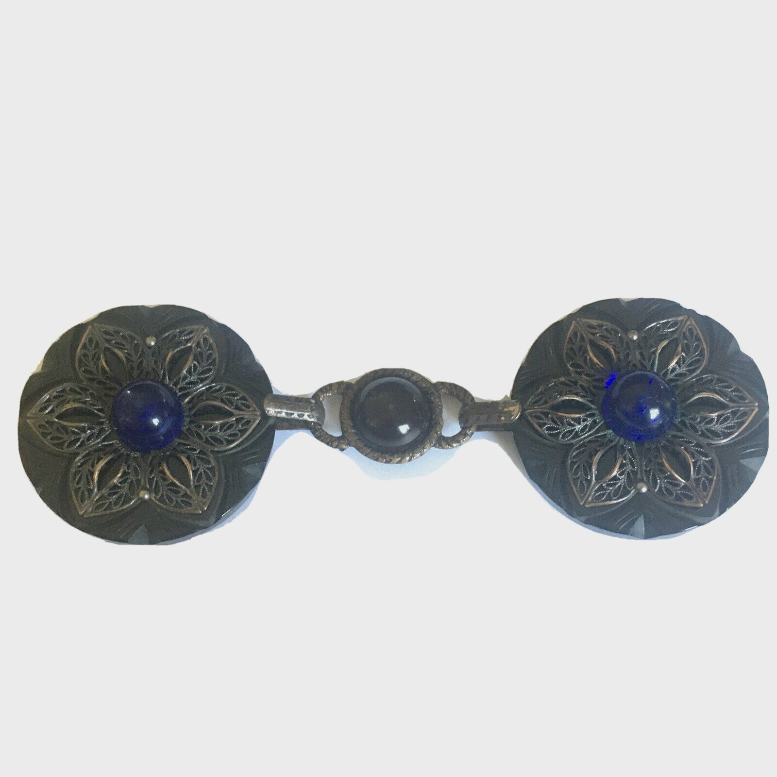 1890s Large Celluloid Buttons Black Coat Clasp Closure Filigree Blue Glass Antiq 1890s Large Celluloid Buttons Black Coat Clasp Closure Filigree Blue Glass Antiq