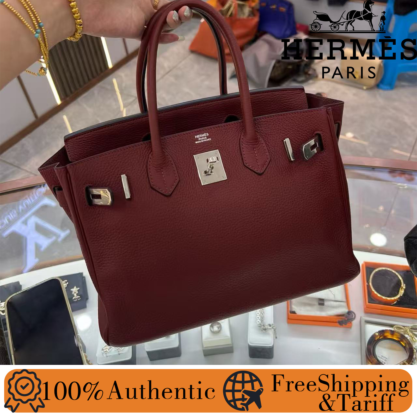 AUTH Hermes Birkin30 Rouge H Togo Red Leather Palladium Hardware Handbag