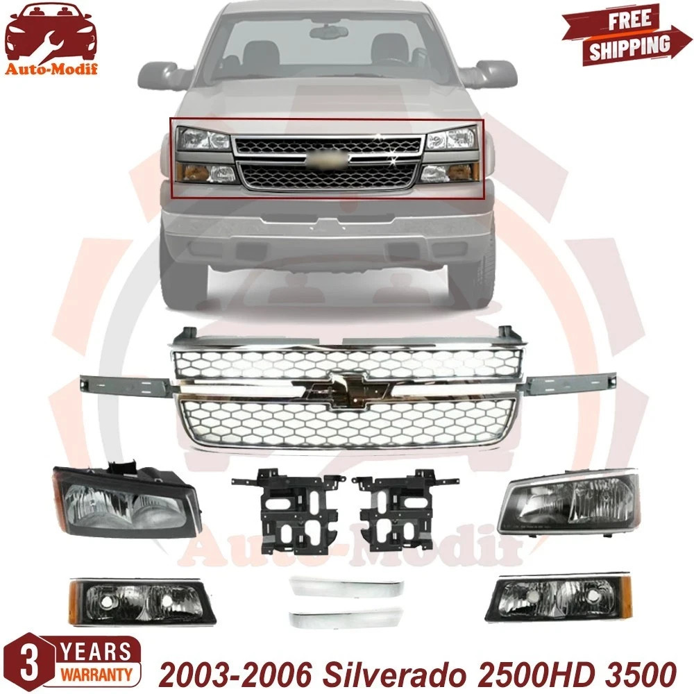 New HeadLights Kit + Grille Assembly + Bracket For 2003-06 Silverado 2500HD 3500