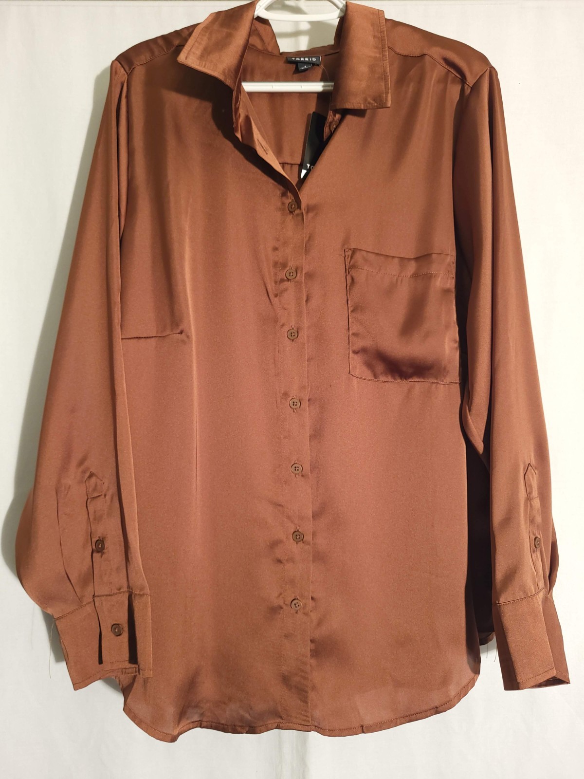 Torrid-NWT-Brown Satiny Long Sleeve Button Shirt Top Blouse-1X