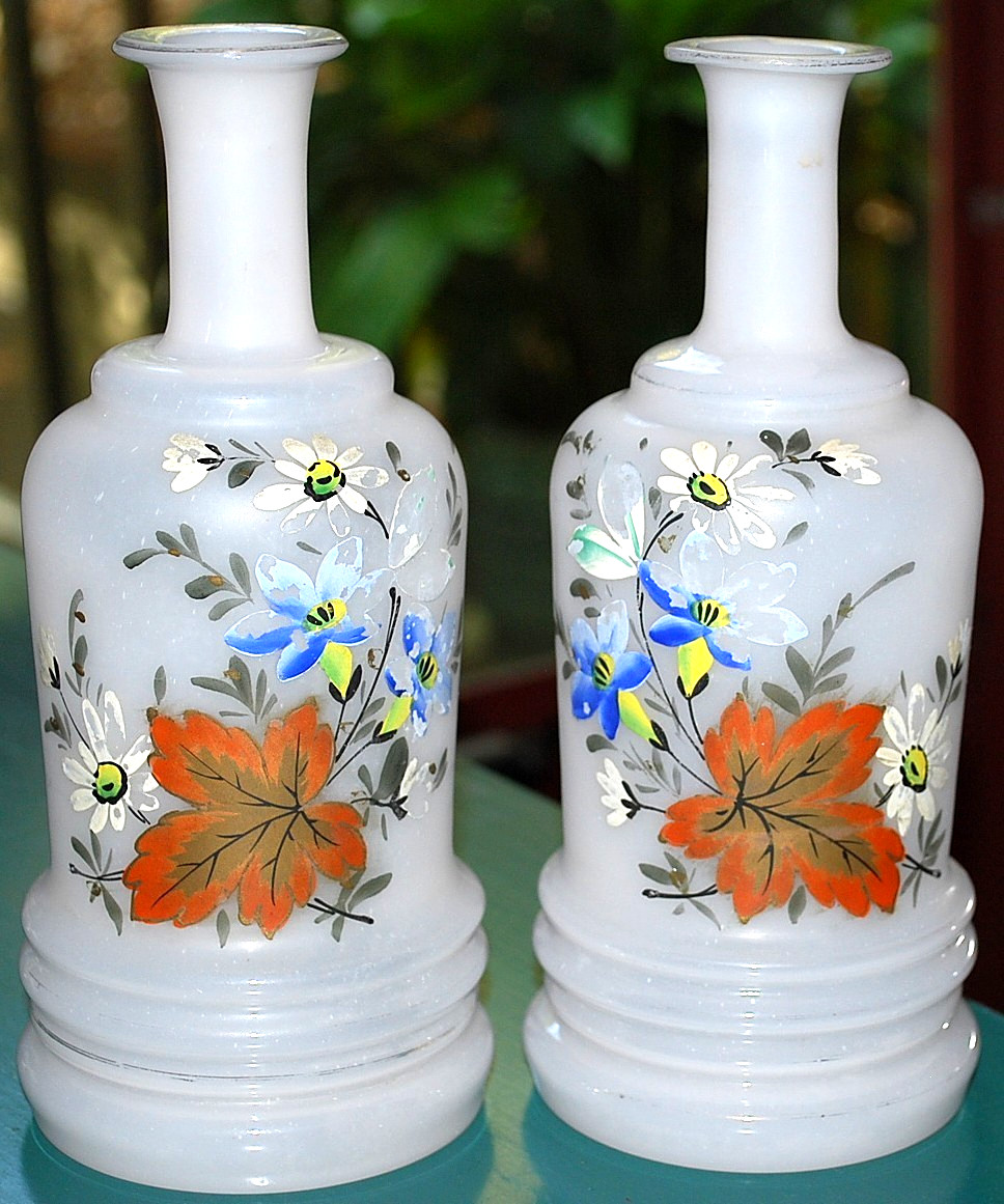 Antique PAIR 2 Vases BRISTOL GLASS Hand Blown/Painted VICTORIAN Leaf Bouquets