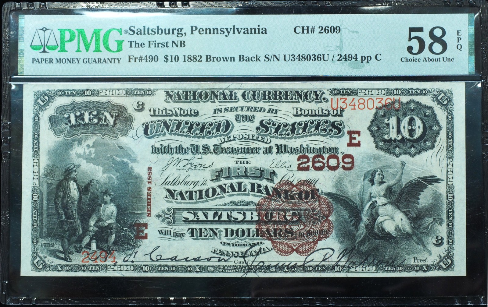1882 $10 National Saltsburg, PA Ch. 2609 Brown Seal PMG 58 EPQ