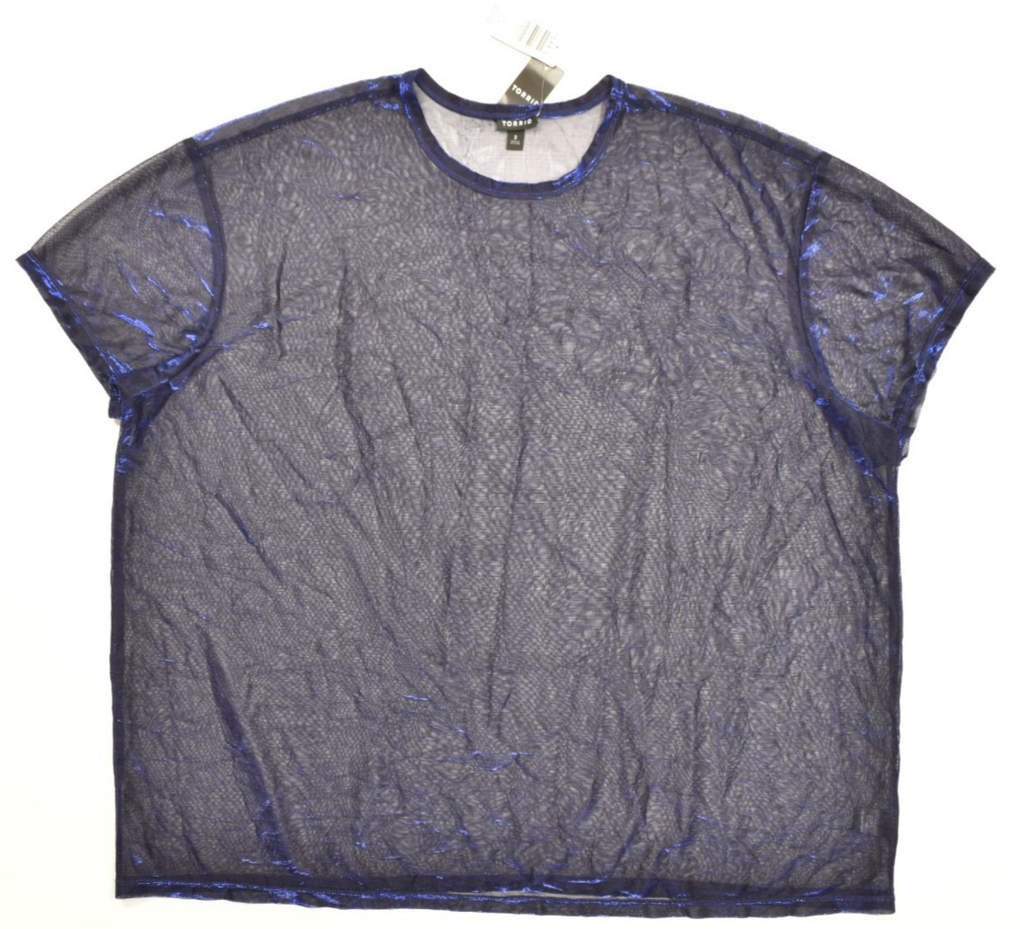 Torrid Women\'s Plus Size 3 3X 22-24 Oil Slick Metallic Blue Sheer Mesh Crew Neck Torrid Women\'s Plus Size 3 3X 22-24 Oil Slick Metallic Blue Sheer Mesh Crew Neck