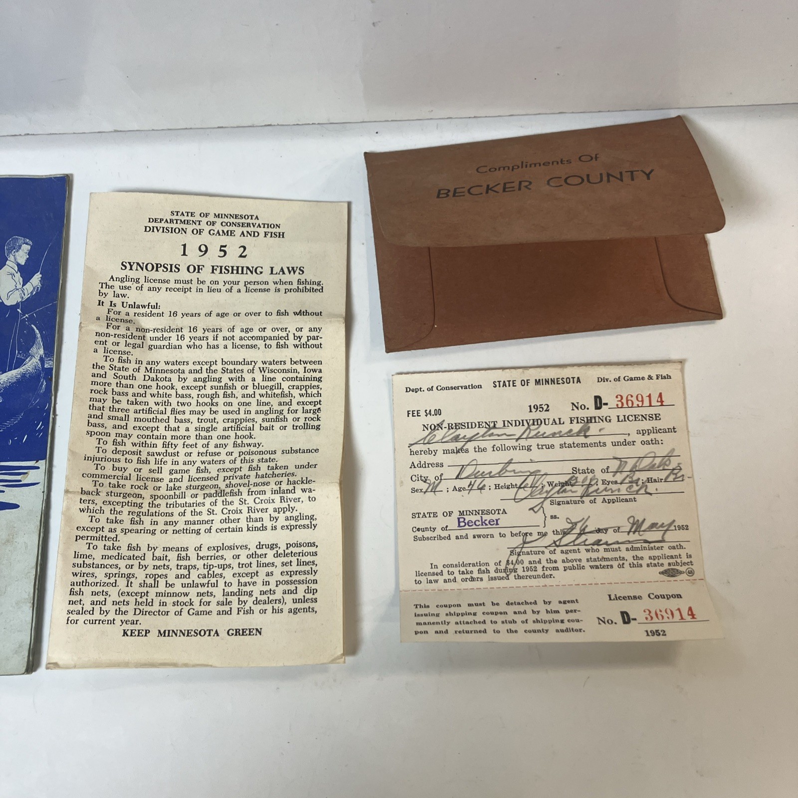 Vintage 1952 Minnesota Fishing License NonResident Becker County Envelope Runck