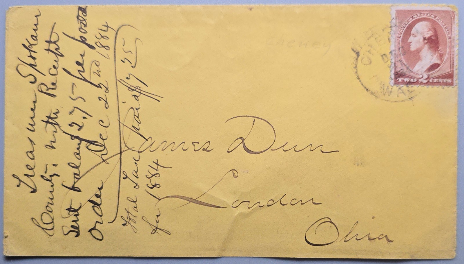 1884 Cheney Washington Territory Cover to London Ohio 2 Cent Washington Stamp