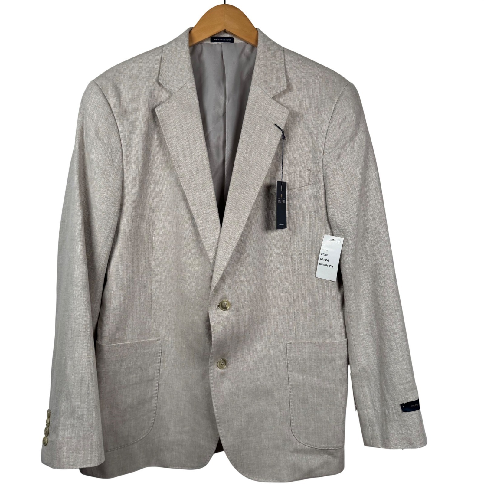 NWT Stafford Sport Coat Men 44R Sand Herringbone Linen Cotton Classic Preppy