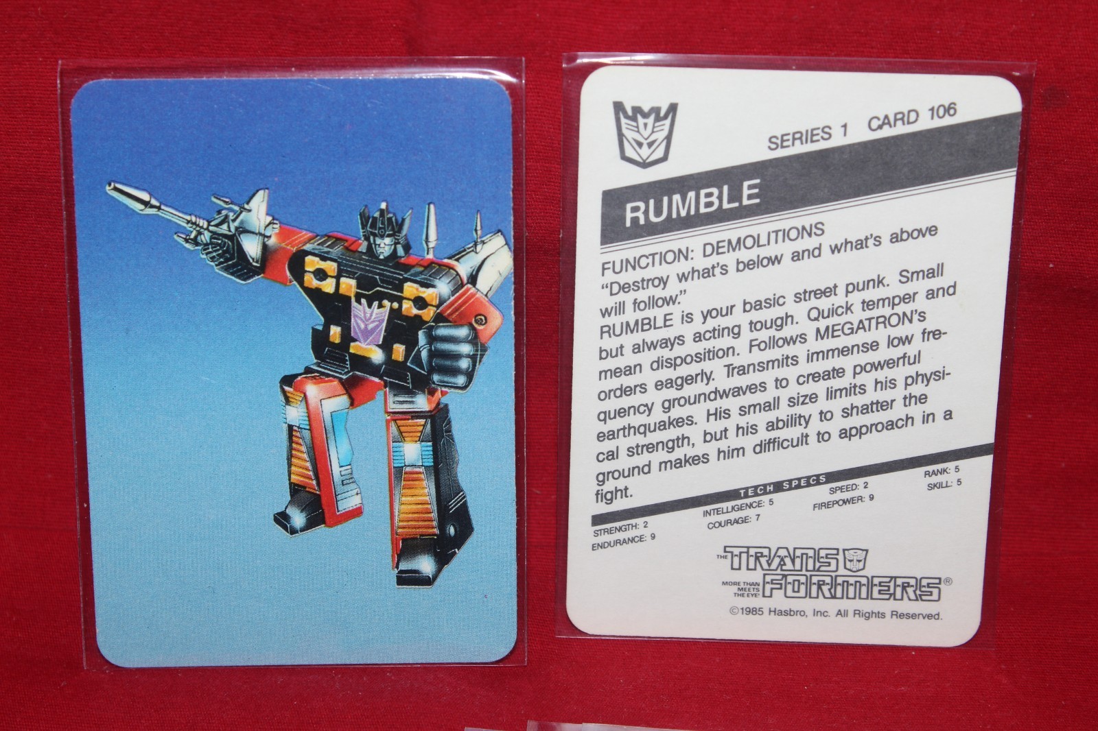 1985 Hasbro Transformers Card #106 Rumble Decepticon