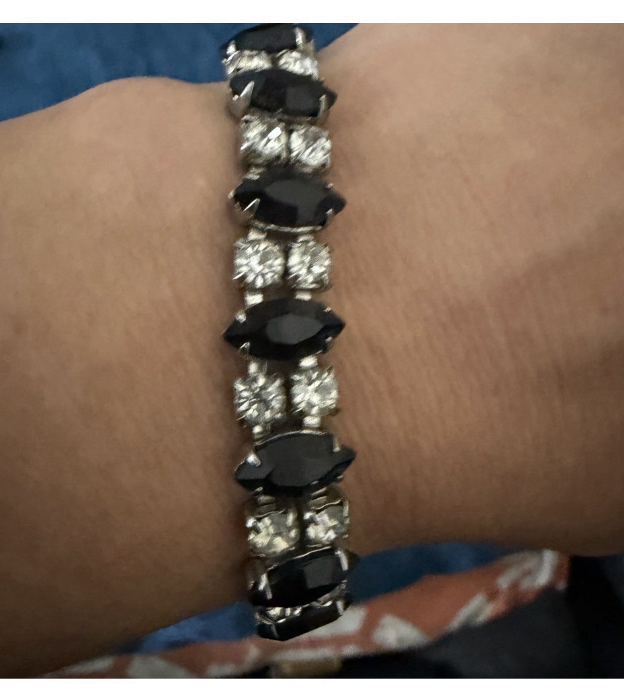 Vintage 1950's Black & White Crystal Tennis Bracelet Marquis Cut