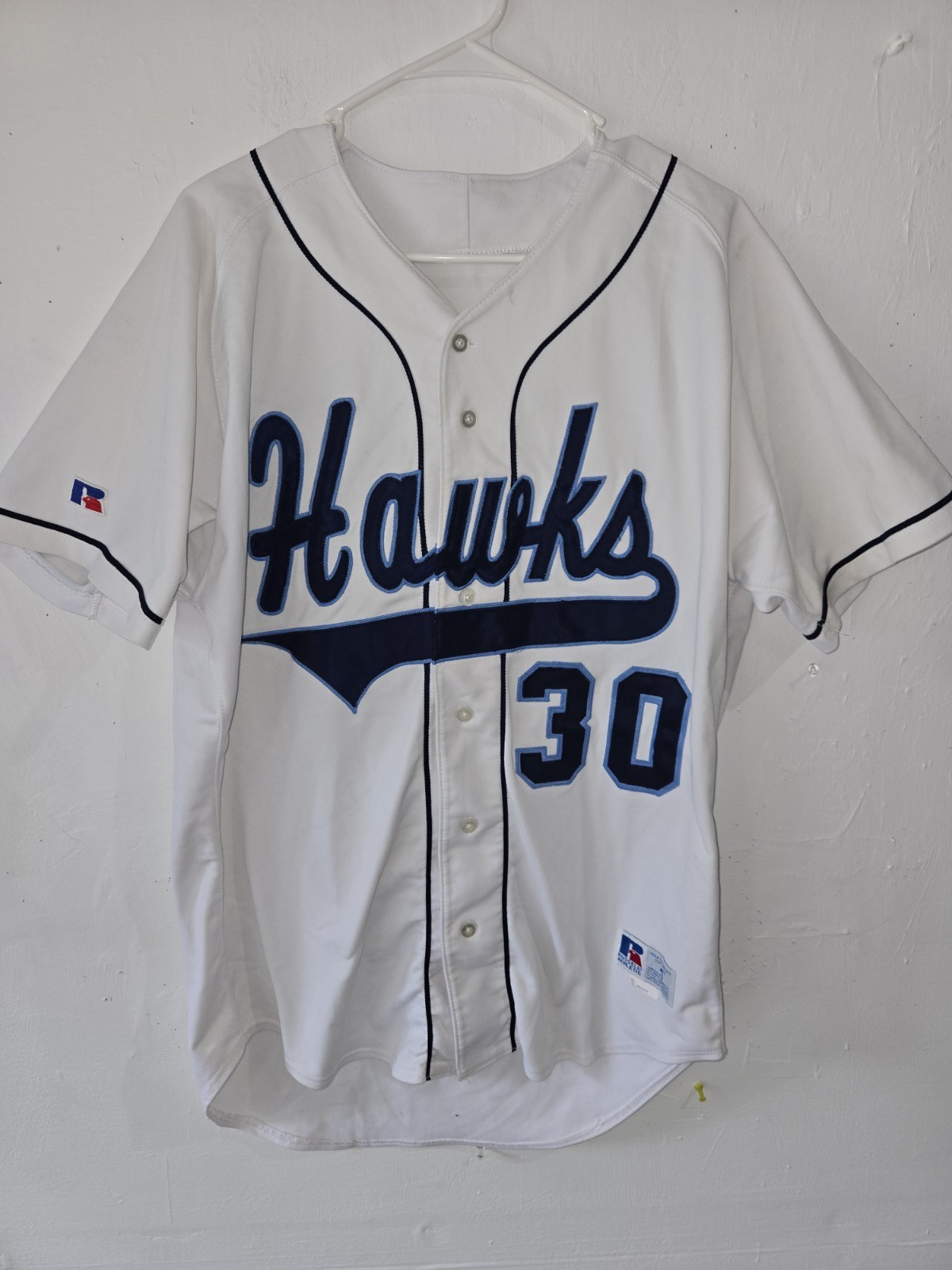 Vintage 1990s Fukuoka SoftBank Hawks White and Blue Baseball Jersey. Size XL.