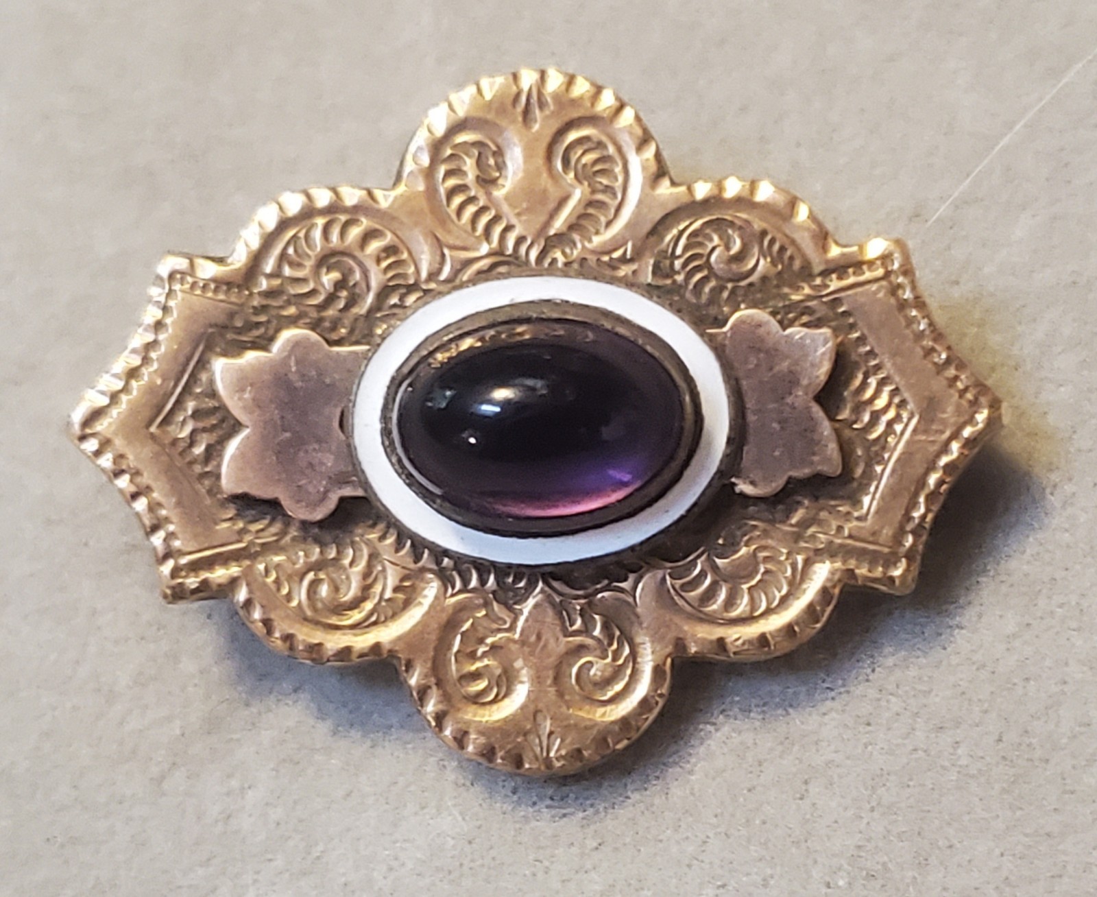C1880-1900 Victorian Watch Pin? Brooch Gold Filled ? Cabochon Amethyst W Enamel C1880-1900 Victorian Watch Pin? Brooch Gold Filled ? Cabochon Amethyst W Enamel