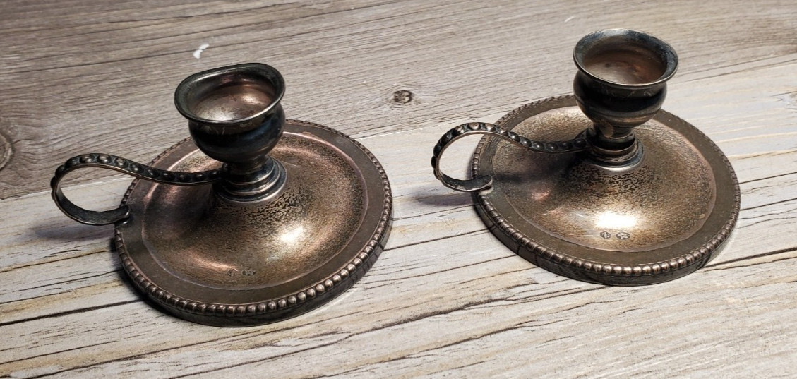 Pair Vintage Spanish Solid Silver .915 Miniature Chamberstick Candle Holders Pair Vintage Spanish Solid Silver .915 Miniature Chamberstick Candle Holders