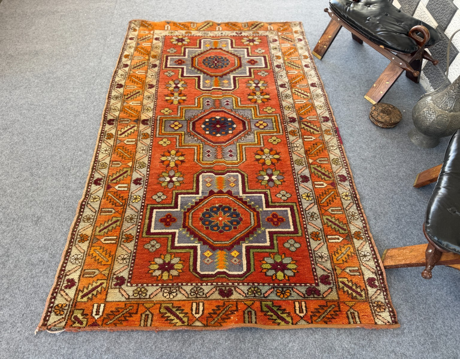 Vintage Caucasian Rug 4x7 Handmade Wool Rug Geometric Tribal Medallion Kazak Rug