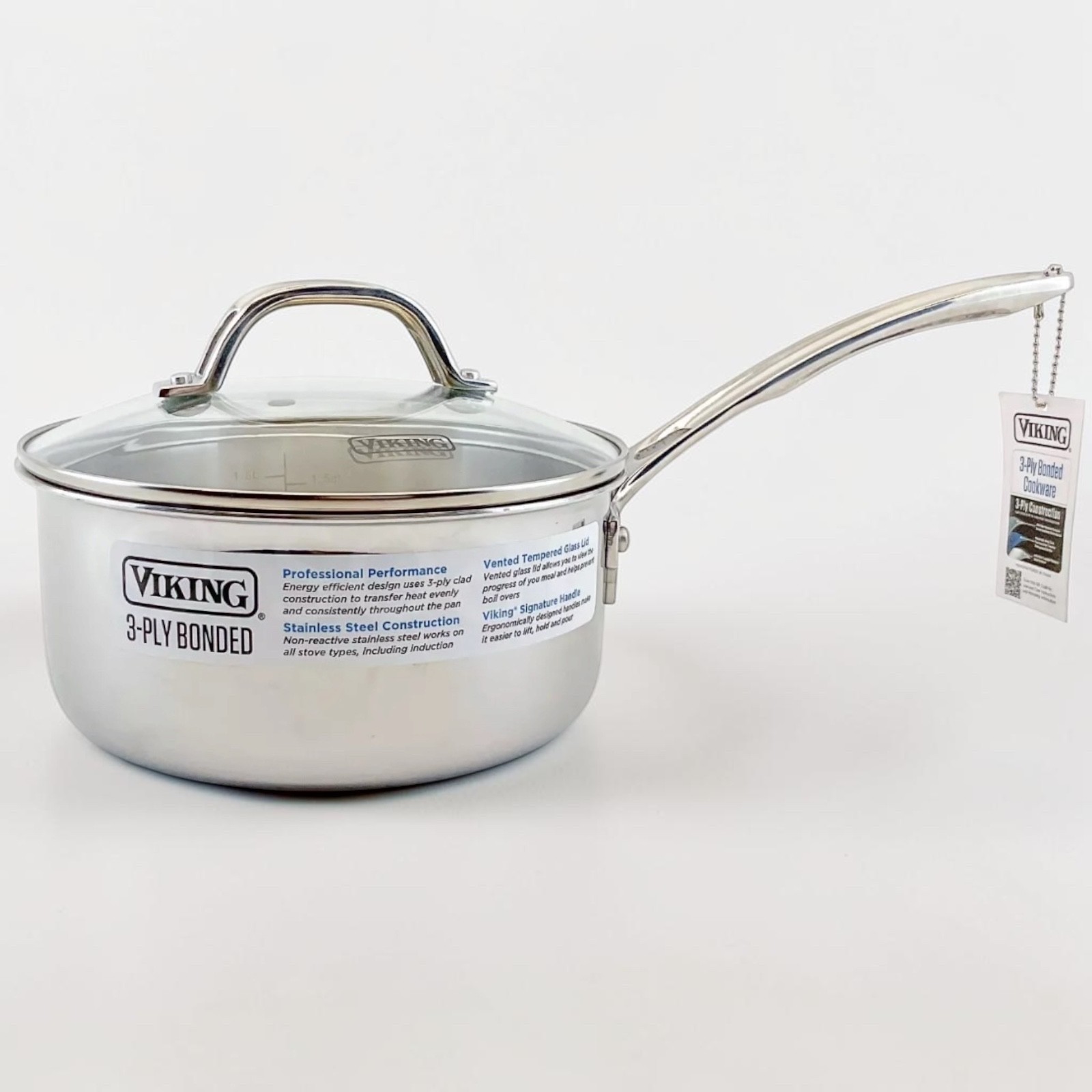 Viking 3-Ply Bonded Stainless Steel Saucepan 2.25 Qt Glass Lid Induction Viking 3-Ply Bonded Stainless Steel Saucepan 2.25 Qt Glass Lid Induction