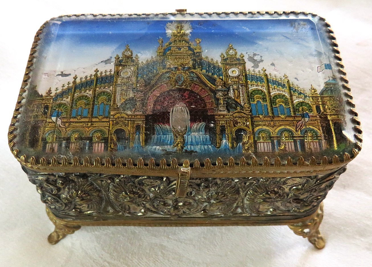 ANTIQUE LRG GRAND TOUR SOUVENIR TRINKET BOX CASKET SCROLLED METAL ORMOLU EX-COND