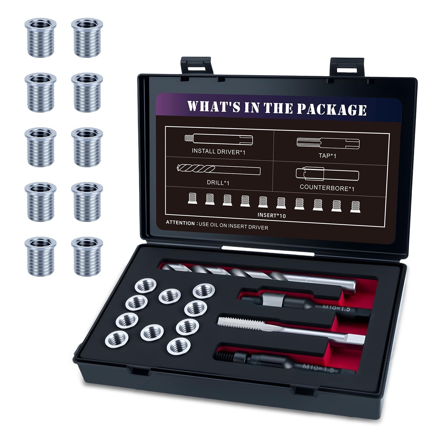 M10x1.5 Thread Repair Kit with 14mm Insert HSS Drill, Tap, Counterbore,Instal... M10x1.5 Thread Repair Kit with 14mm Insert HSS Drill, Tap, Counterbore,Instal...