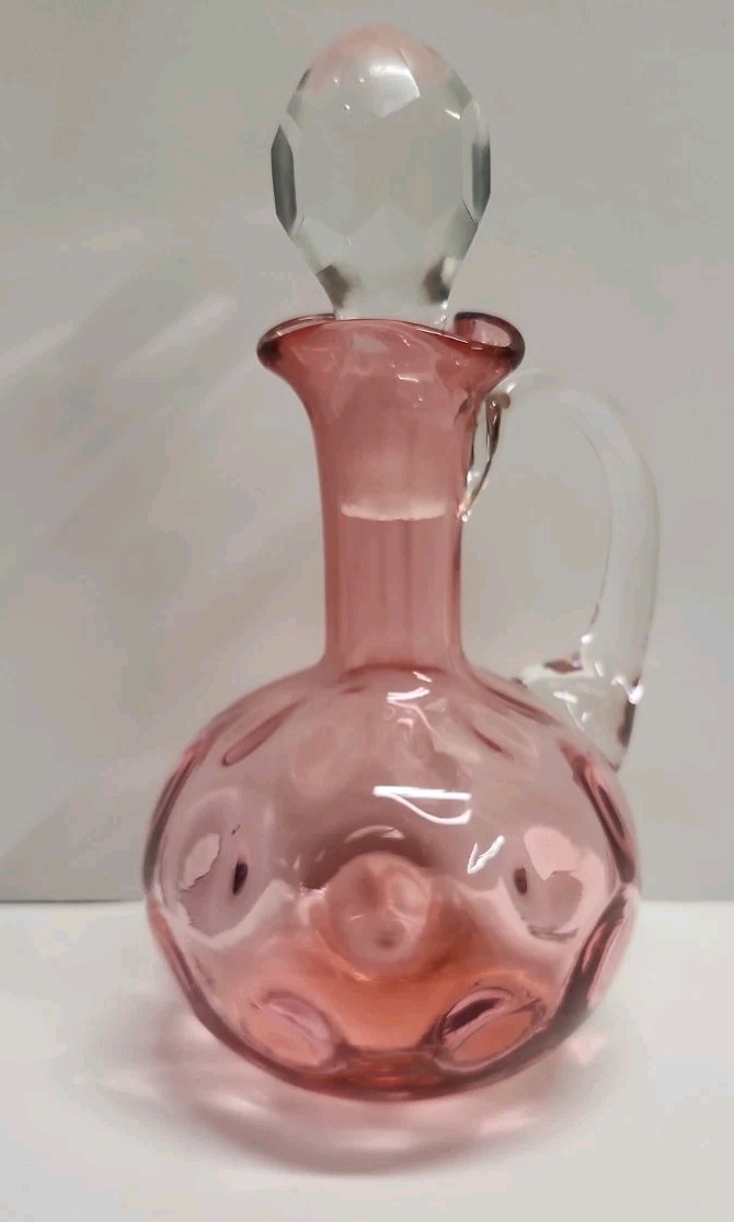Fenton Glass Cranberry Cruet Coin Dot Optic Pattern With Stopper  Smooth Handle 