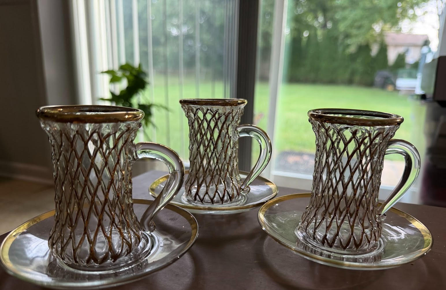 Vtg Turkish Tea Set - 3 Glasses & 3 Saucers Pasabahce Gold Silver Tone Rimmed Vtg Turkish Tea Set - 3 Glasses & 3 Saucers Pasabahce Gold Silver Tone Rimmed