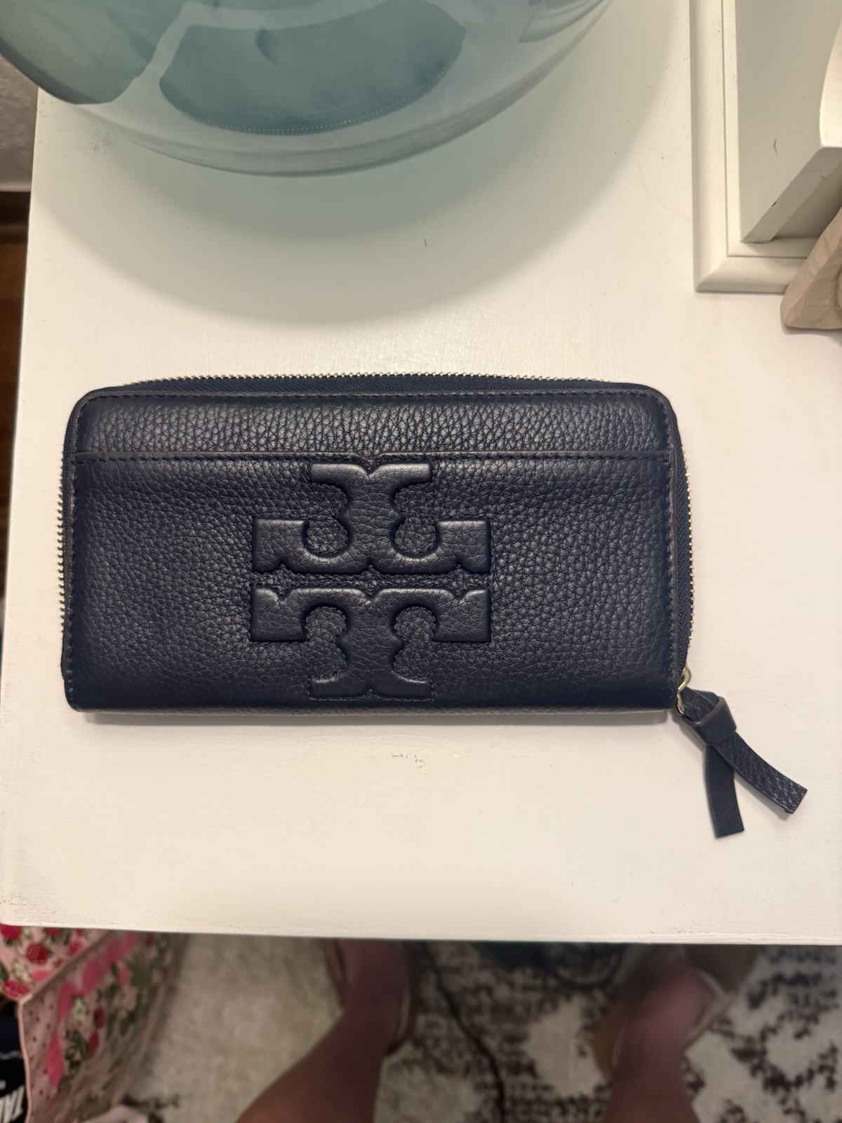 Tory Burch Women\'s Blue Solid Zip-Around Wallet w/ Logo, Zipper, Card Slots