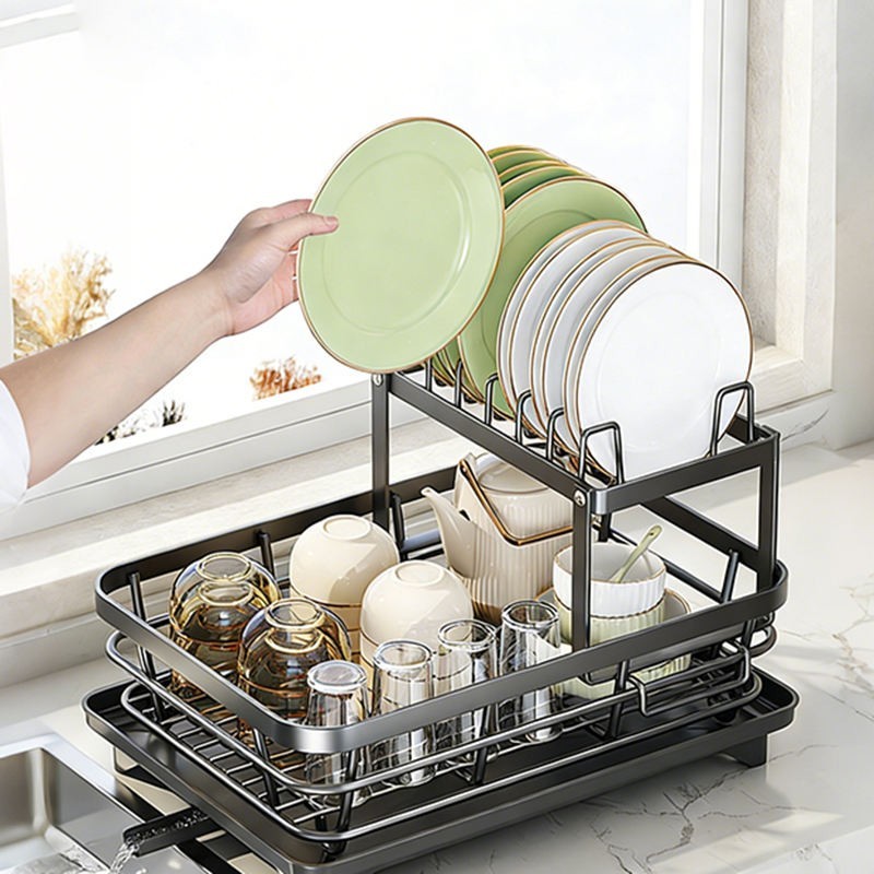 2 Tier Over The Sink Dish Drying Rack Stainless Steel Kitchen Dish Drainer Black