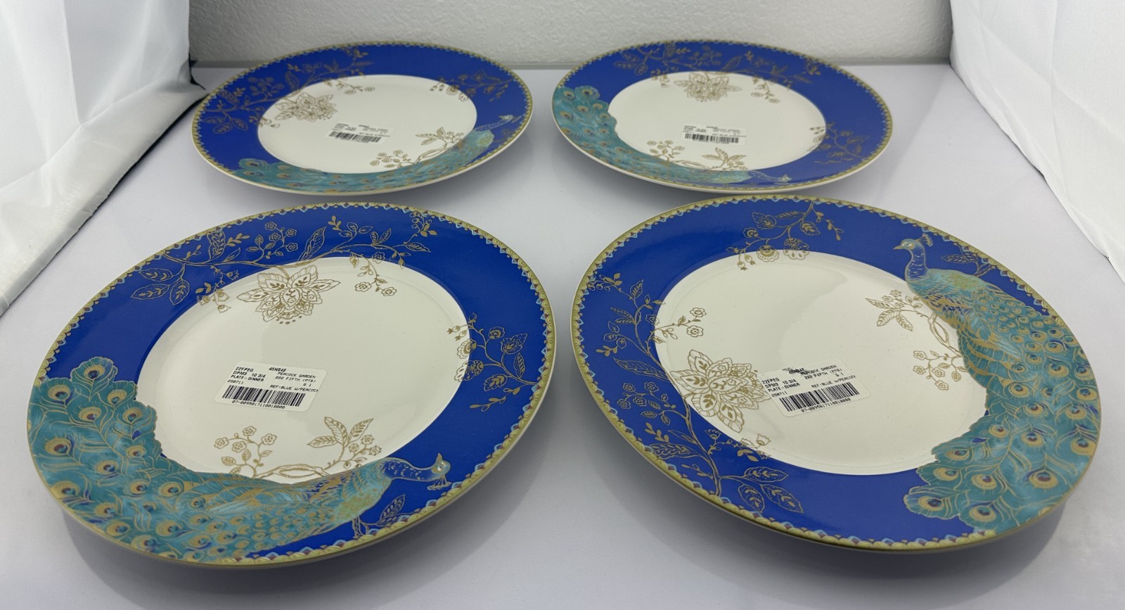 Set of 4 222 Fifth Peacock Garden Dinner Plates 10.75\'\' Blue with peacock