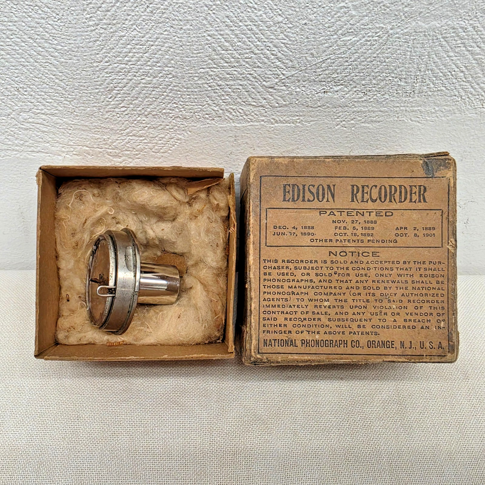 Antique Edison Recorder in Original Box - Wax Cylinder Phonograph Nickel Plated