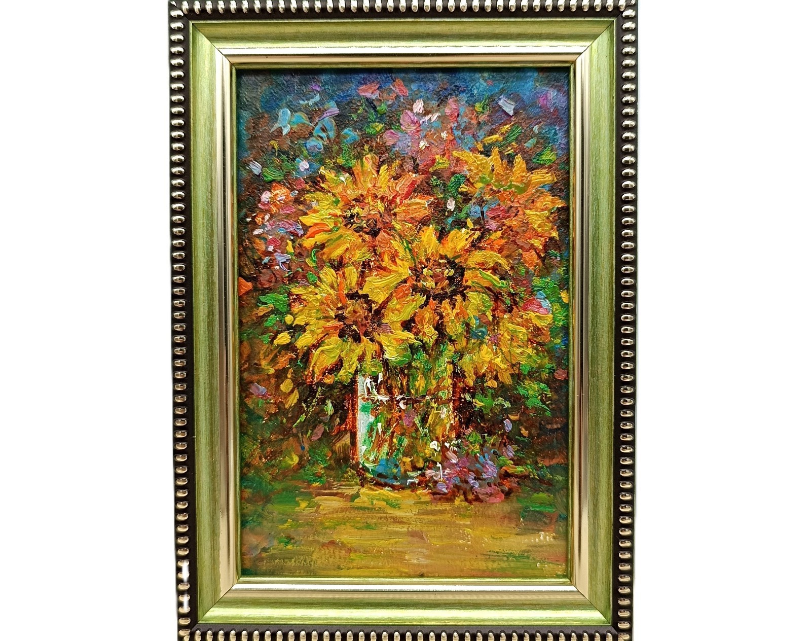 Impasto Sunflowers Bouquet Painting Framed 4x6 Signed Floral Wall Decor Art Gift