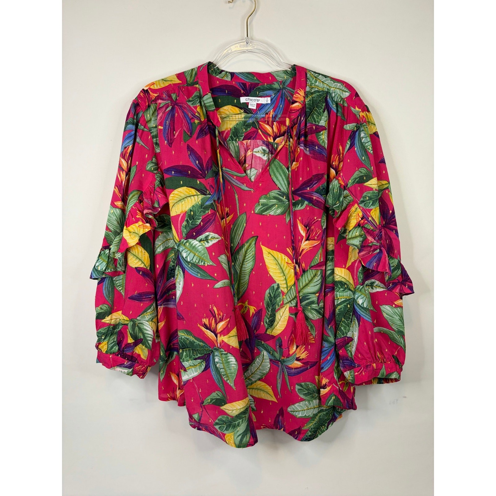 Chico\'s Pink Floral Print Ruffle 3/4 Sleeve Blouse Size 3 US 16 Tassel Botanical