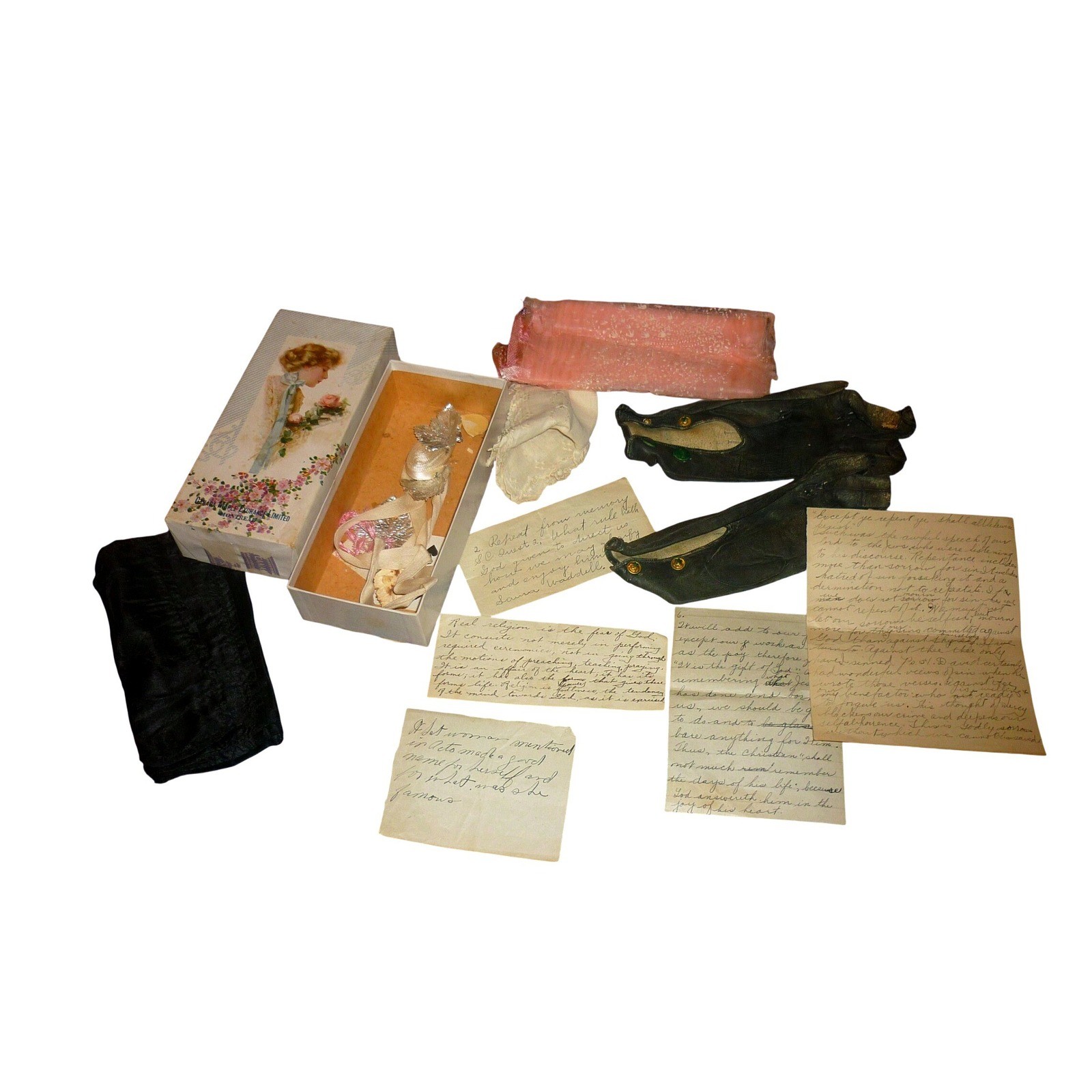 Antique Victorian Edwardian Keepsake Ephemera Lot Gloves Letters Laura Waddell