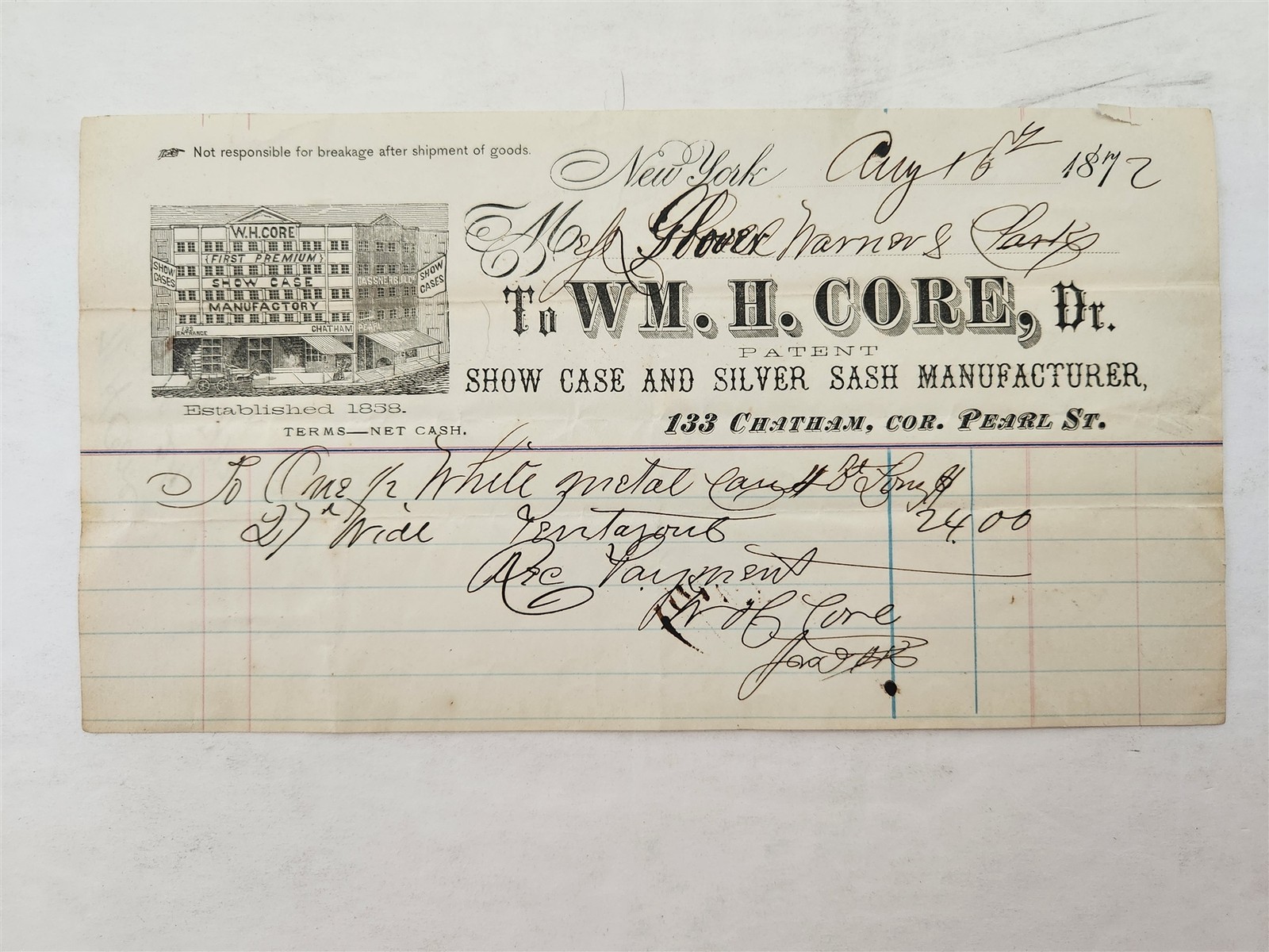 1872 antique WM H CORE ny SHOW CASE and SILVER STASH MANUFACTURER invoice