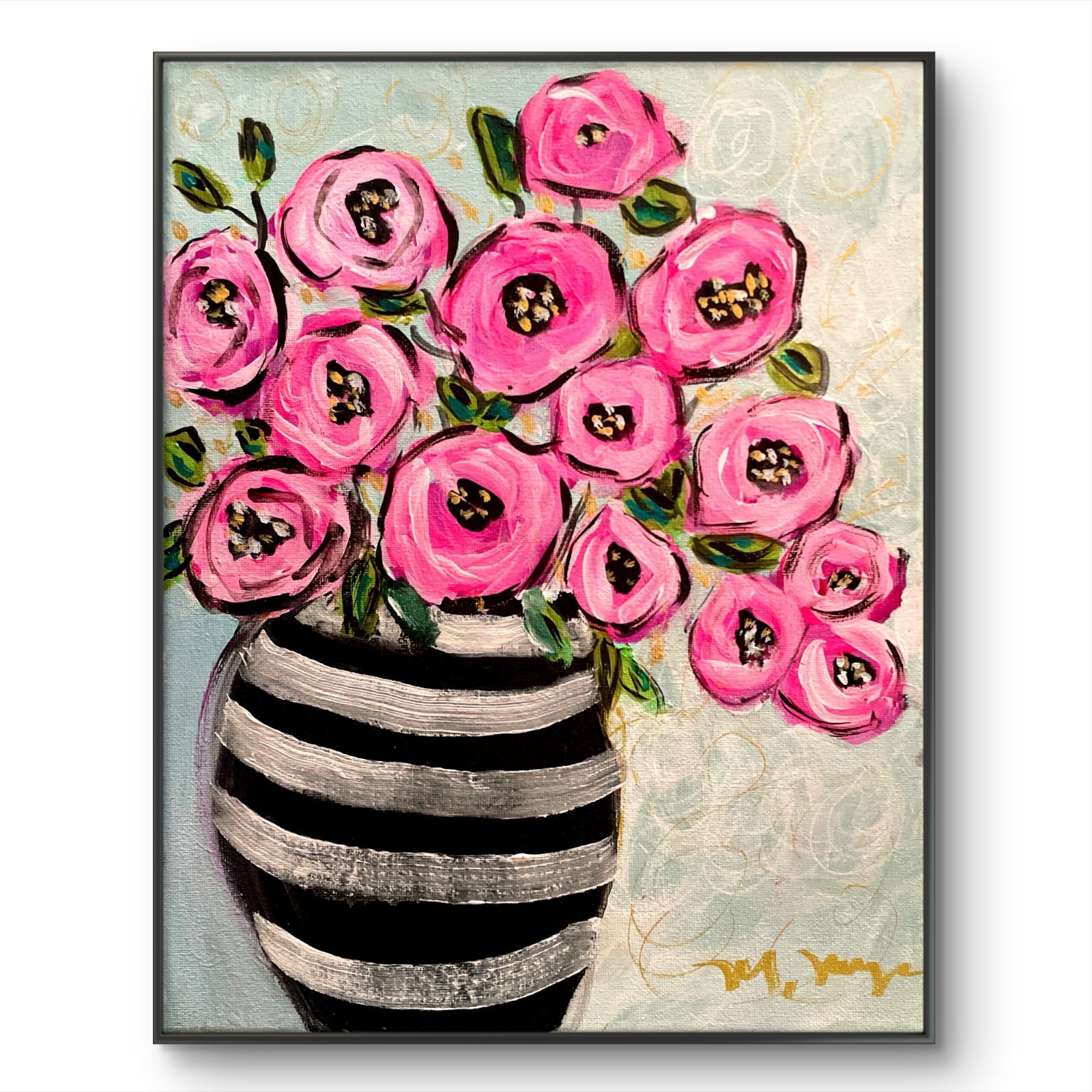Mary Myers Original Abstract Expressionism 11x14 Pink Roses Striped Vase Signed