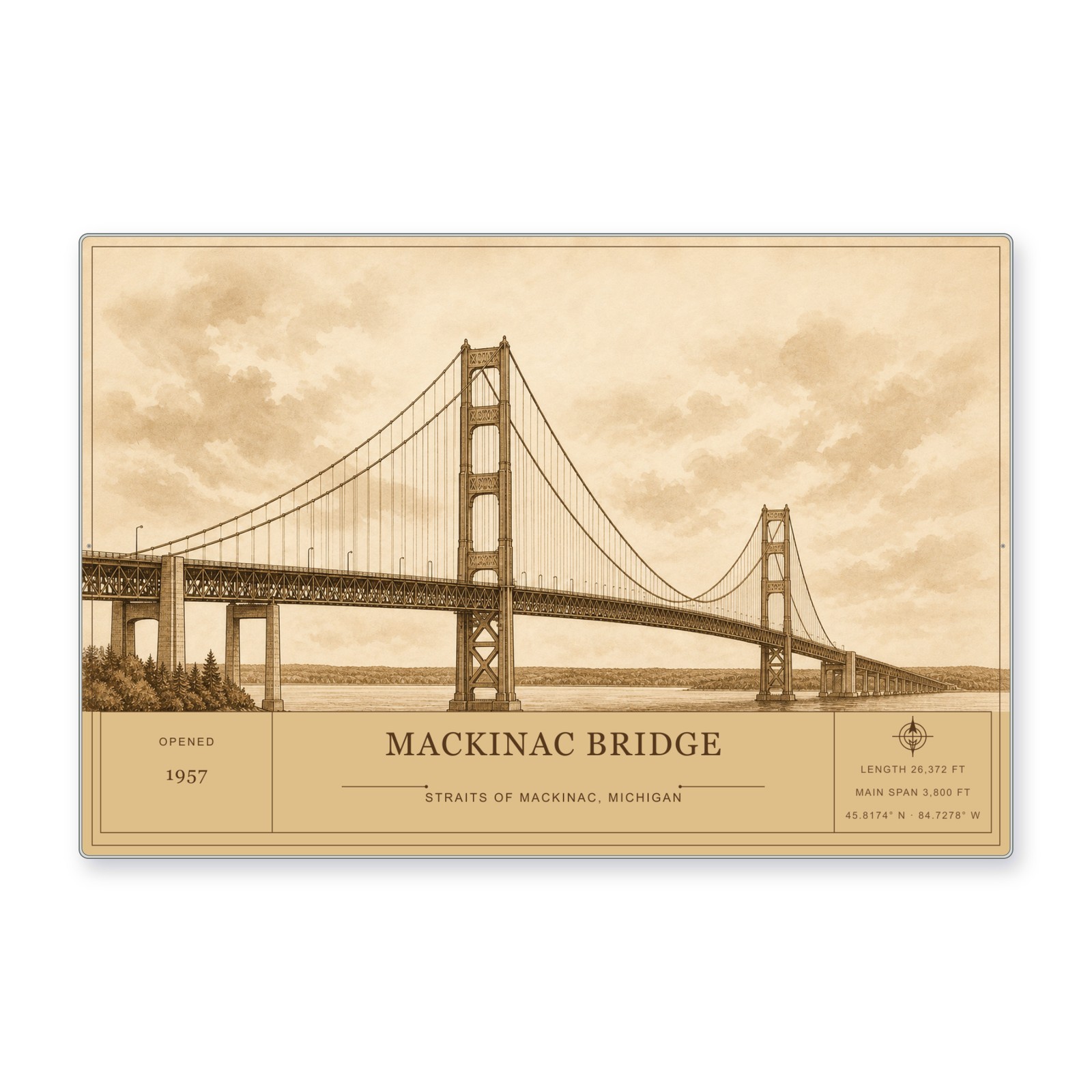 Mackinac Bridge Architectural Wall Art Aluminum Sign