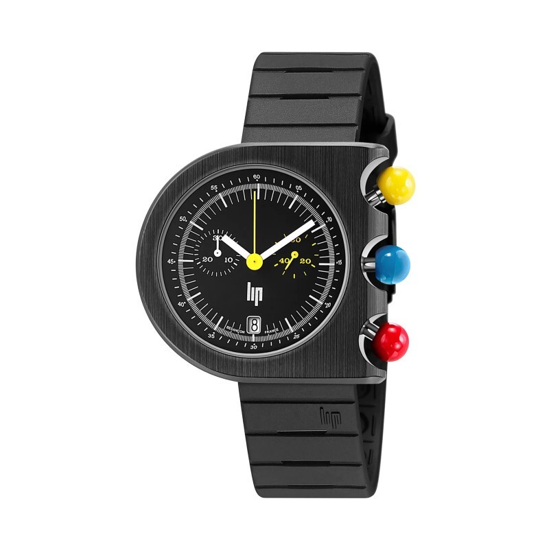 Lip Mach 2000 670080 Mens Black Rubber Straps Chrono Quartz Wristwatch 42 mm