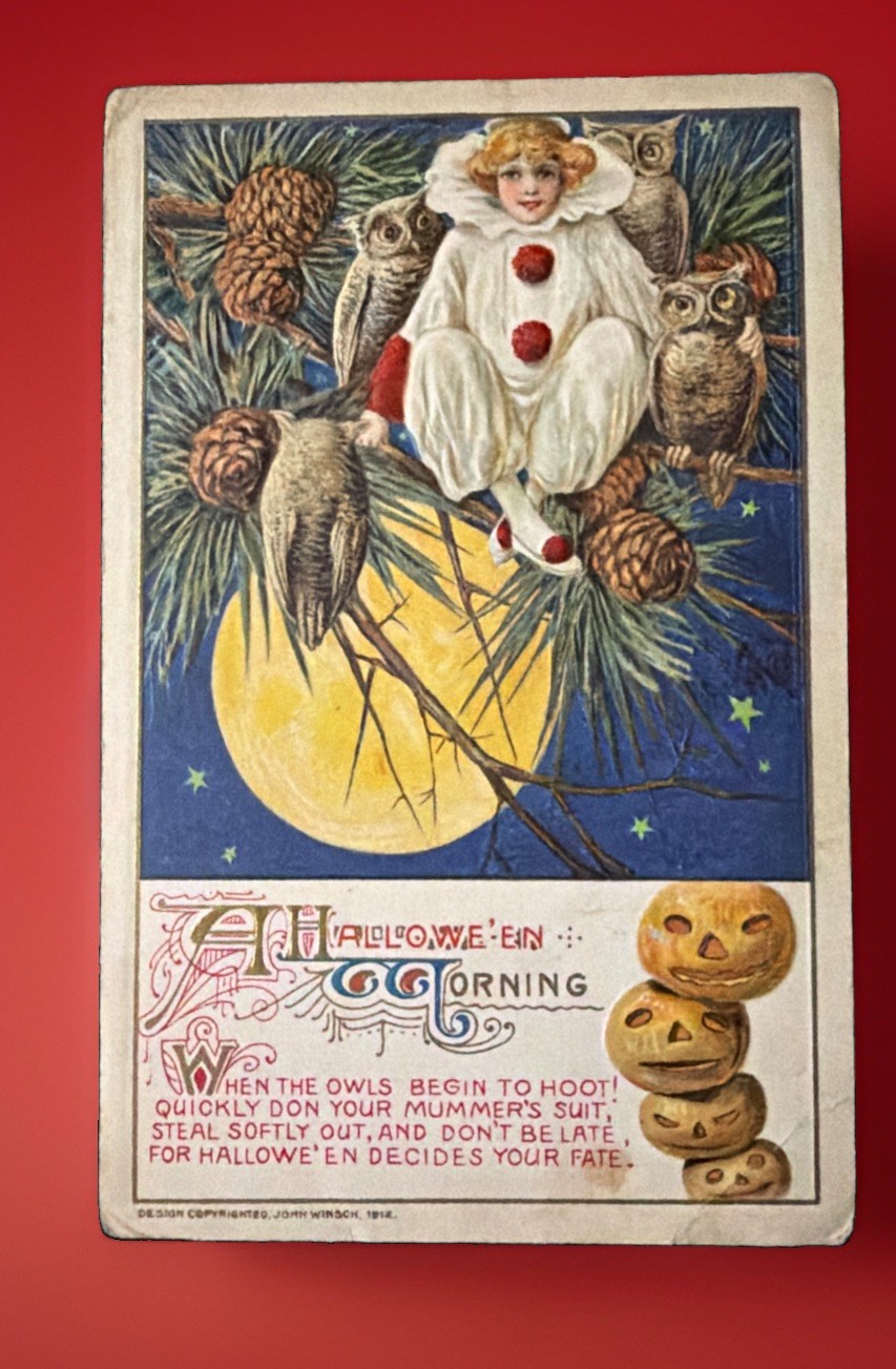 Vintage GIRL CLOWN, OWLS, JOLs SCHMUCKER Vintage 1912 WINSCH HALLOWEEN Postcard