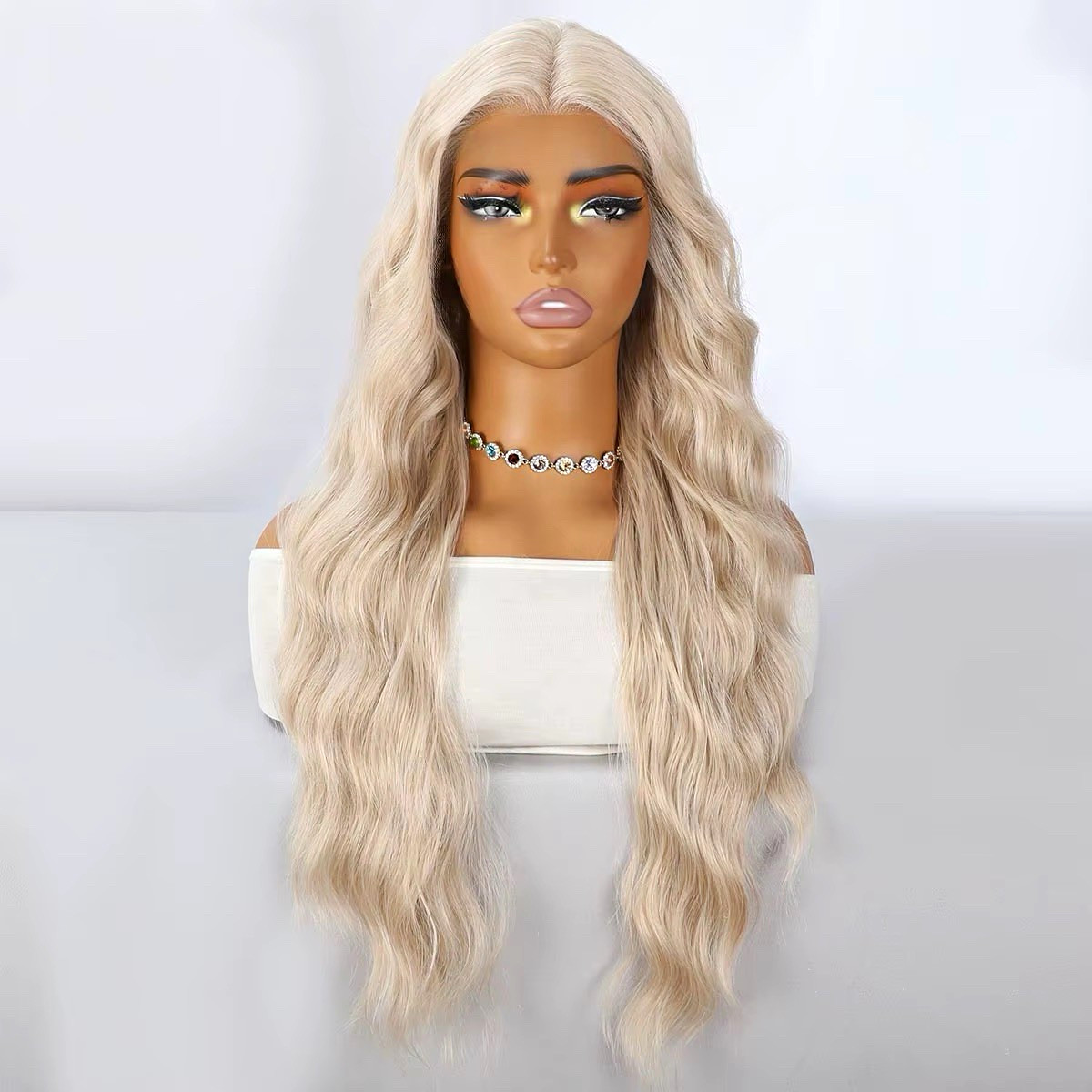 Long Wavy Golden Wavy Highlights Blonde Silk Lace Front Bday wig Curls 28 Inch