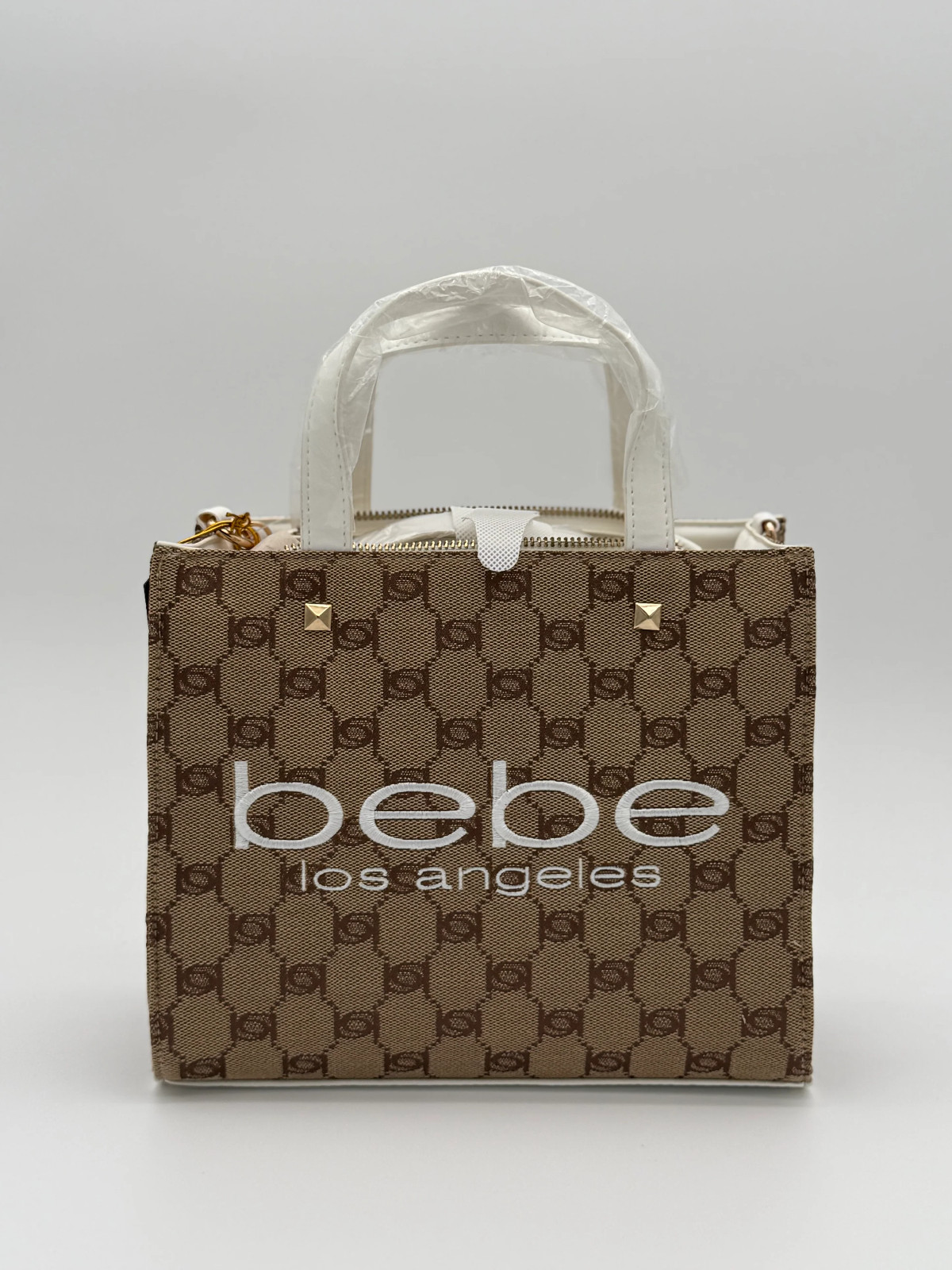 BEBE Talulla Small Satchel Beige White Monogram Satchel Crossbody Purse NWT
