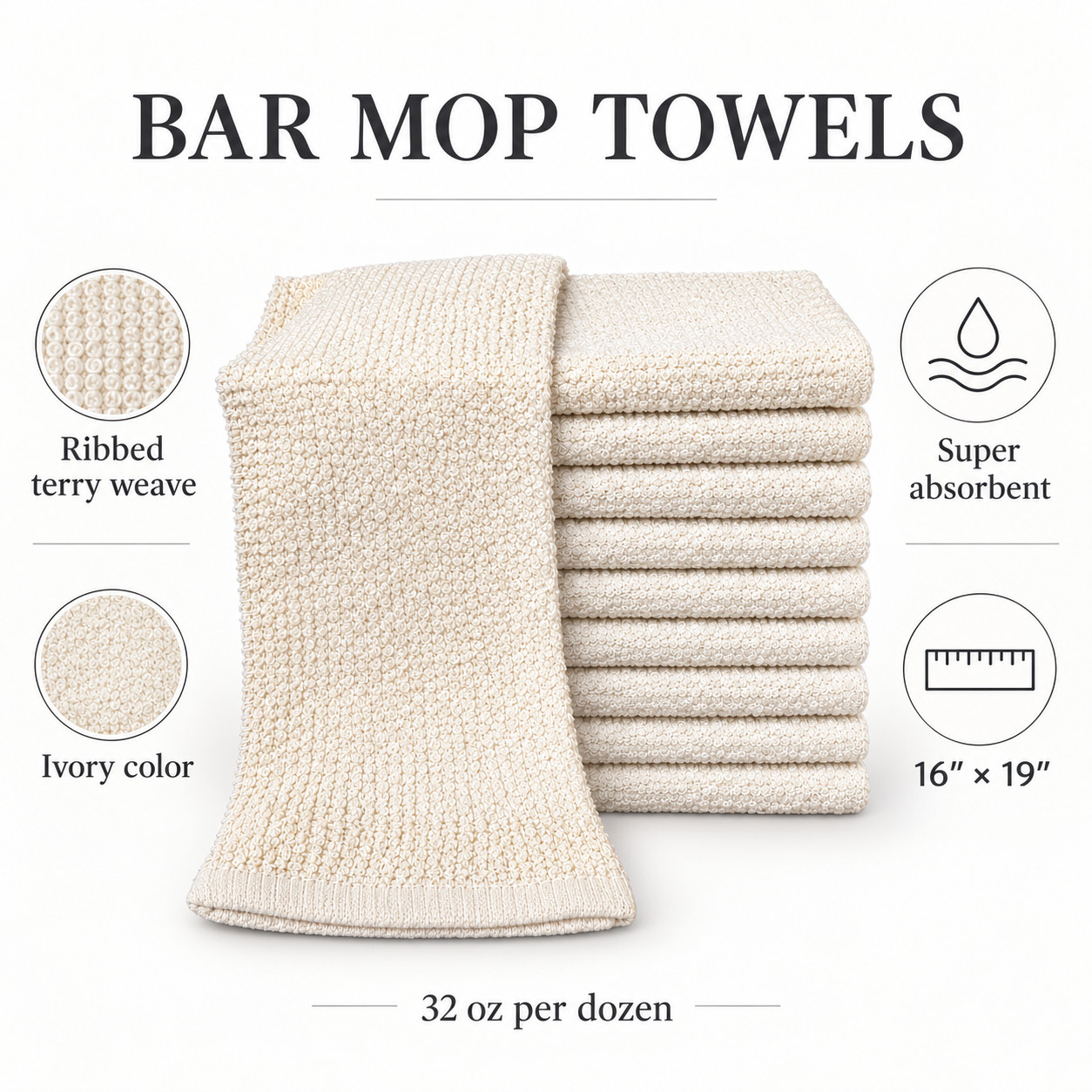 Bar Mop Towels Ribbed Terry Weave Ivory 16