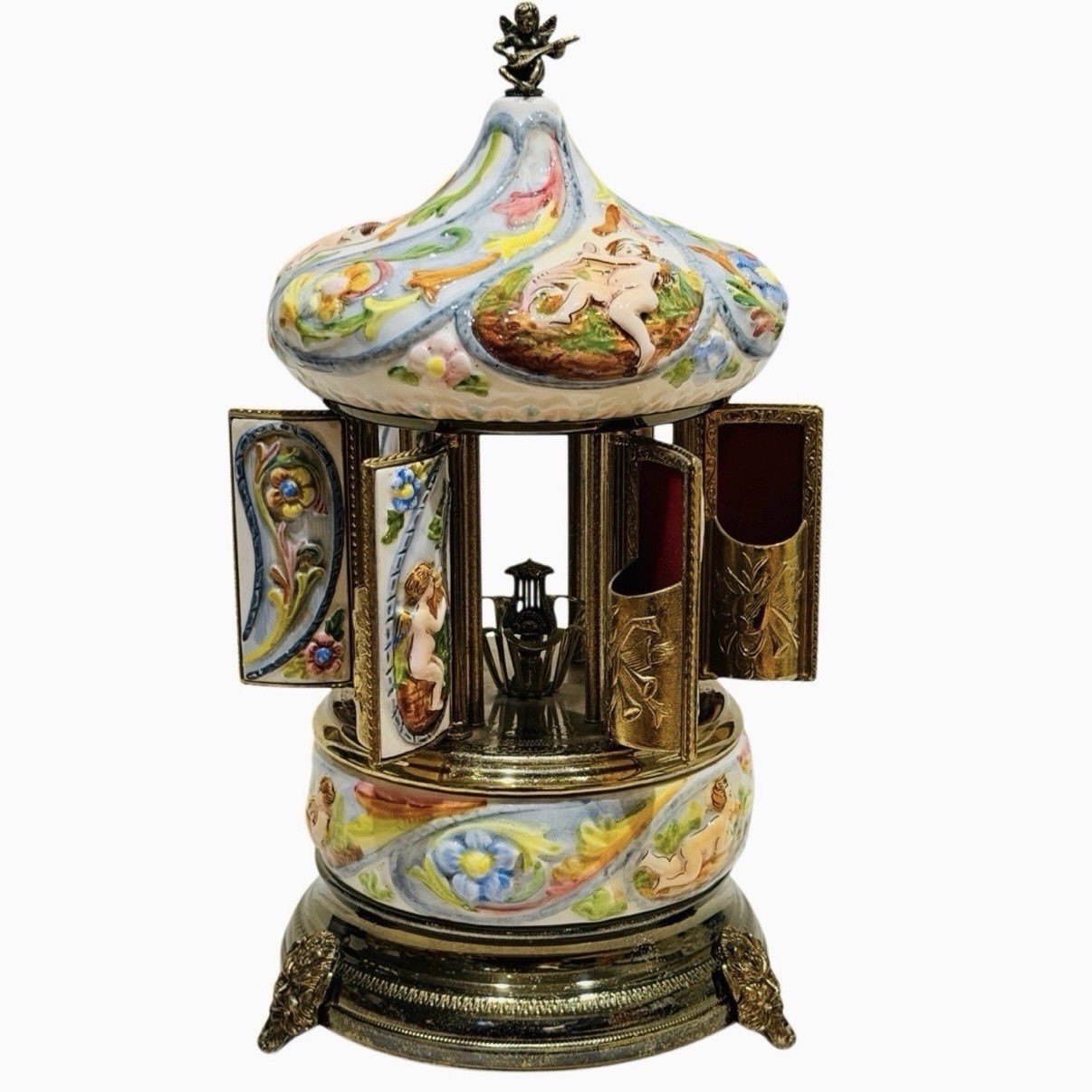 Rare Italian Capodimonte Porcelain Musical Carousel Lipstick Holder Music Box