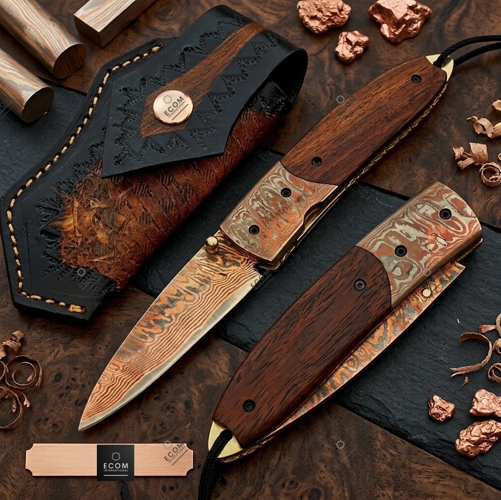 Luxury Copper Damascus Folding Knife–Handmade Cu Mai Pocket Knife, Razor Sharp