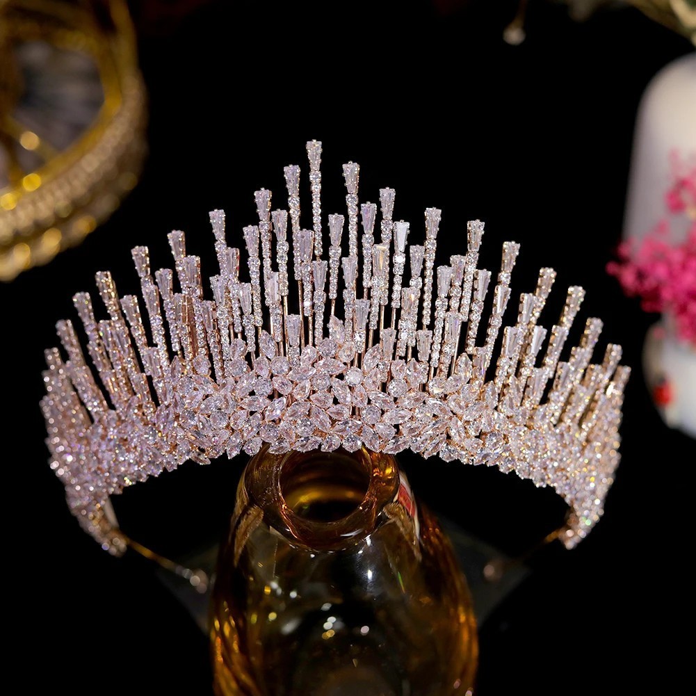 Luxury Rose Cubic Zirconia Big Crown Queen Headdress Diadem Prom Quinceanera Luxury Rose Cubic Zirconia Big Crown Queen Headdress Diadem Prom Quinceanera