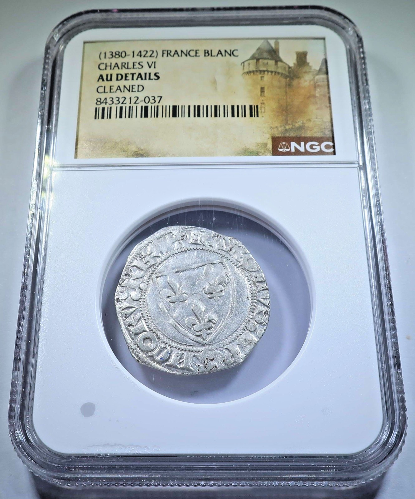 NGC AU 1300's-1400's France Silver 1 Blanc Genuine Cross Antique Hammered Coin