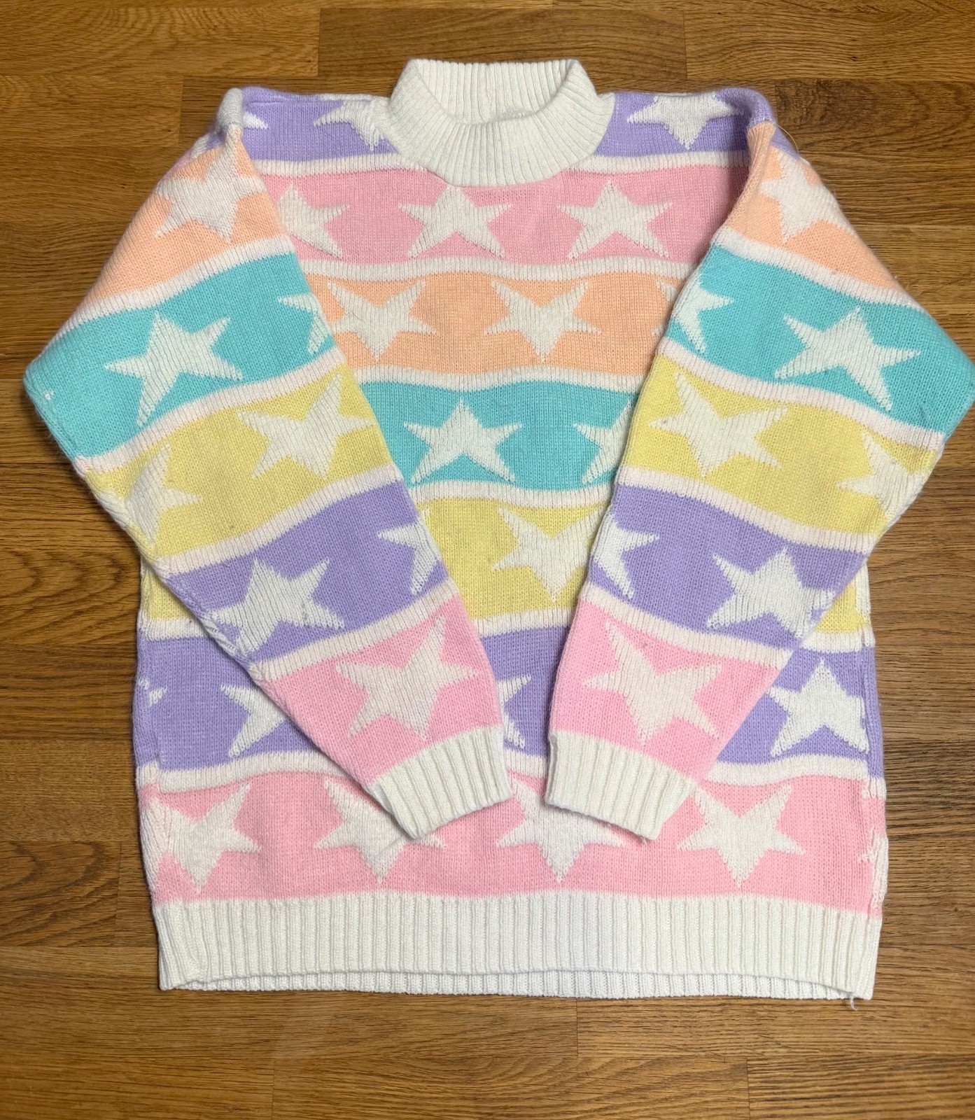 Vintage Knitwaves Girls M Approx Pastel Rainbow Star Sweater Made USA