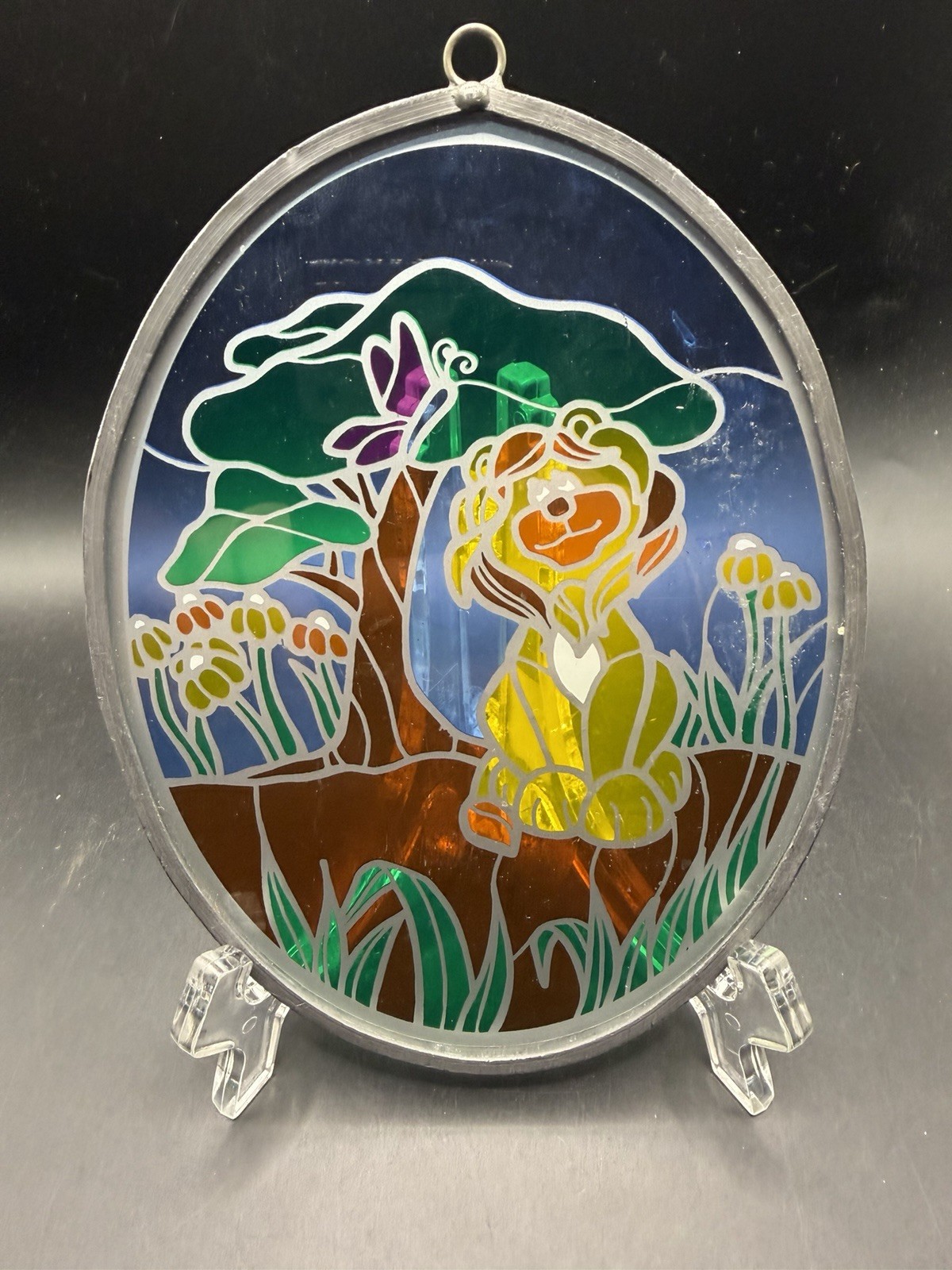Vintage Hand Painted Stained Glass Suncatcher Cute Lion Butterfly 7