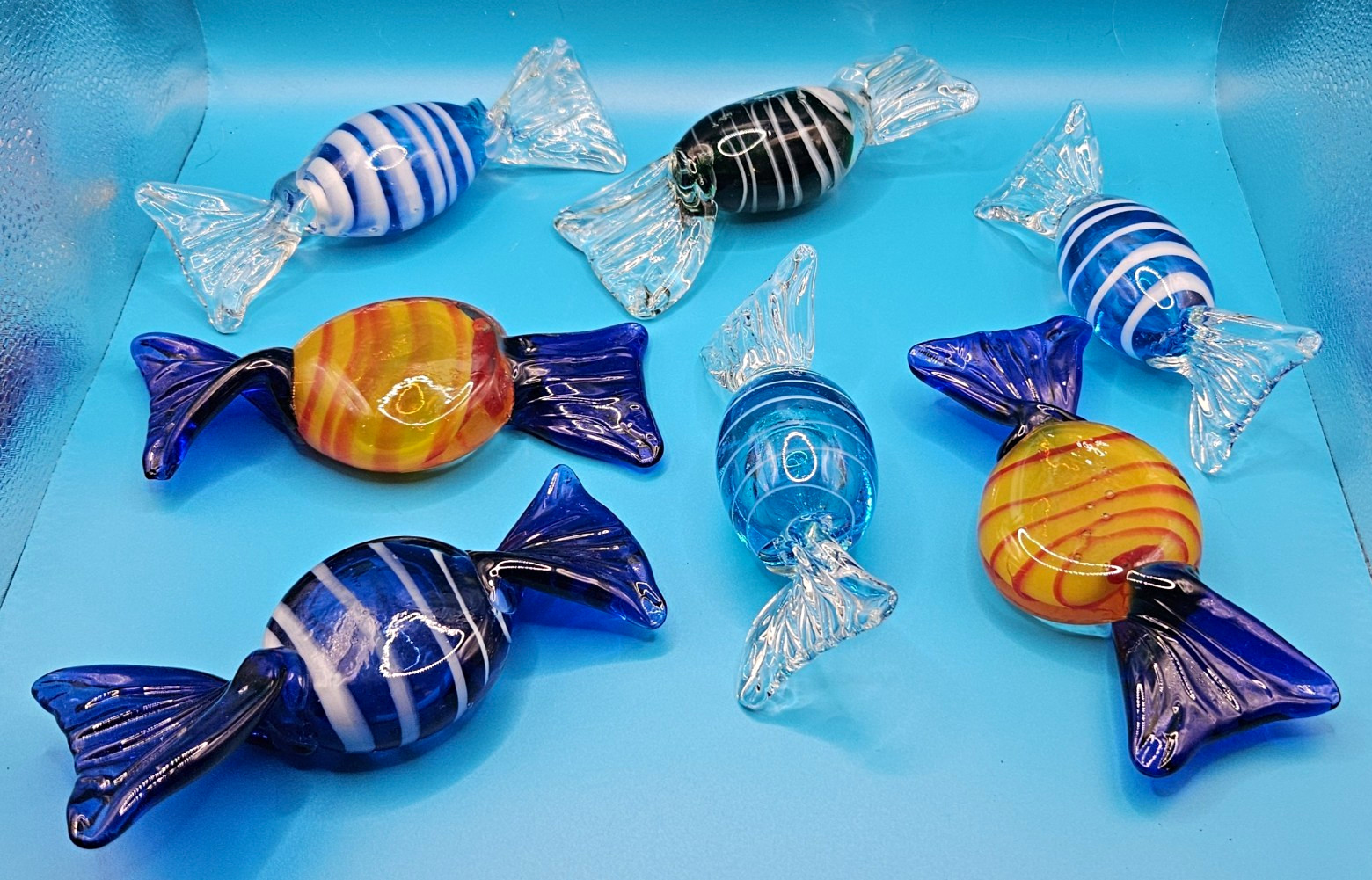 Hand Blown Murano Style Glass Candy Paperweights   6 inch - 7 pieces