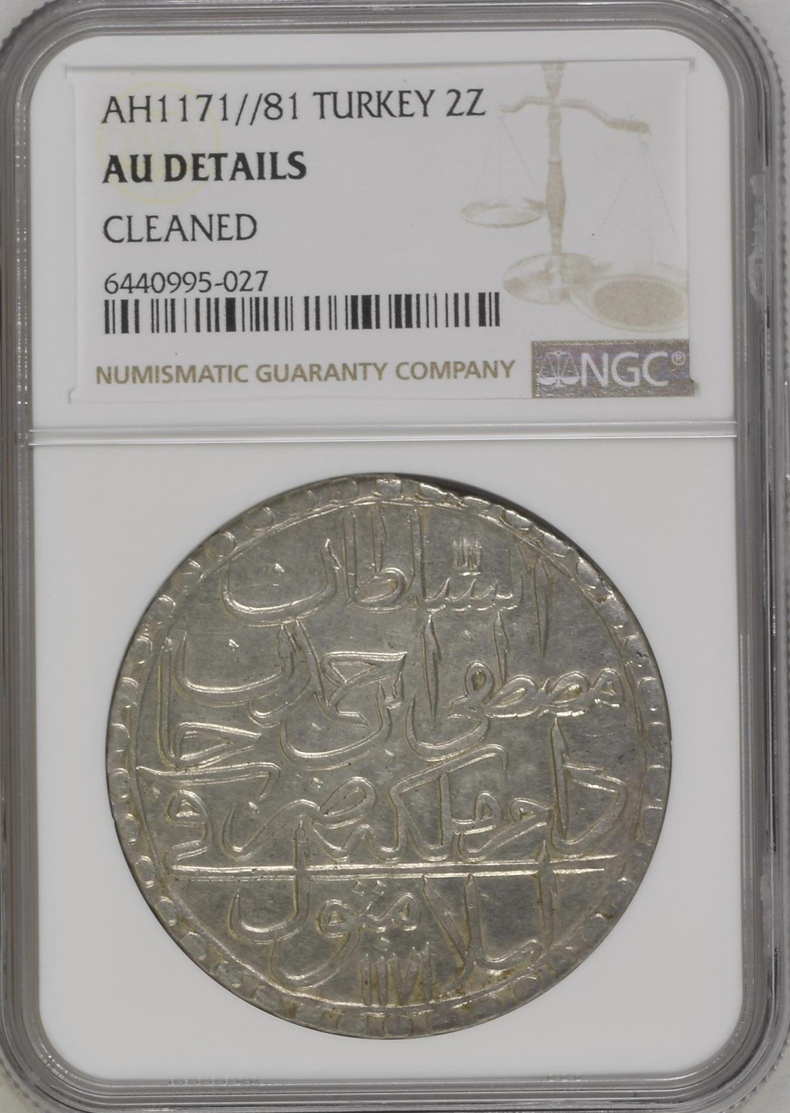Ottoman Empire 1768/9 AH 1171 Year 81 Mustafa III 2 Zolota NGC AU Cleaned Ottoman Empire 1768/9 AH 1171 Year 81 Mustafa III 2 Zolota NGC AU Cleaned