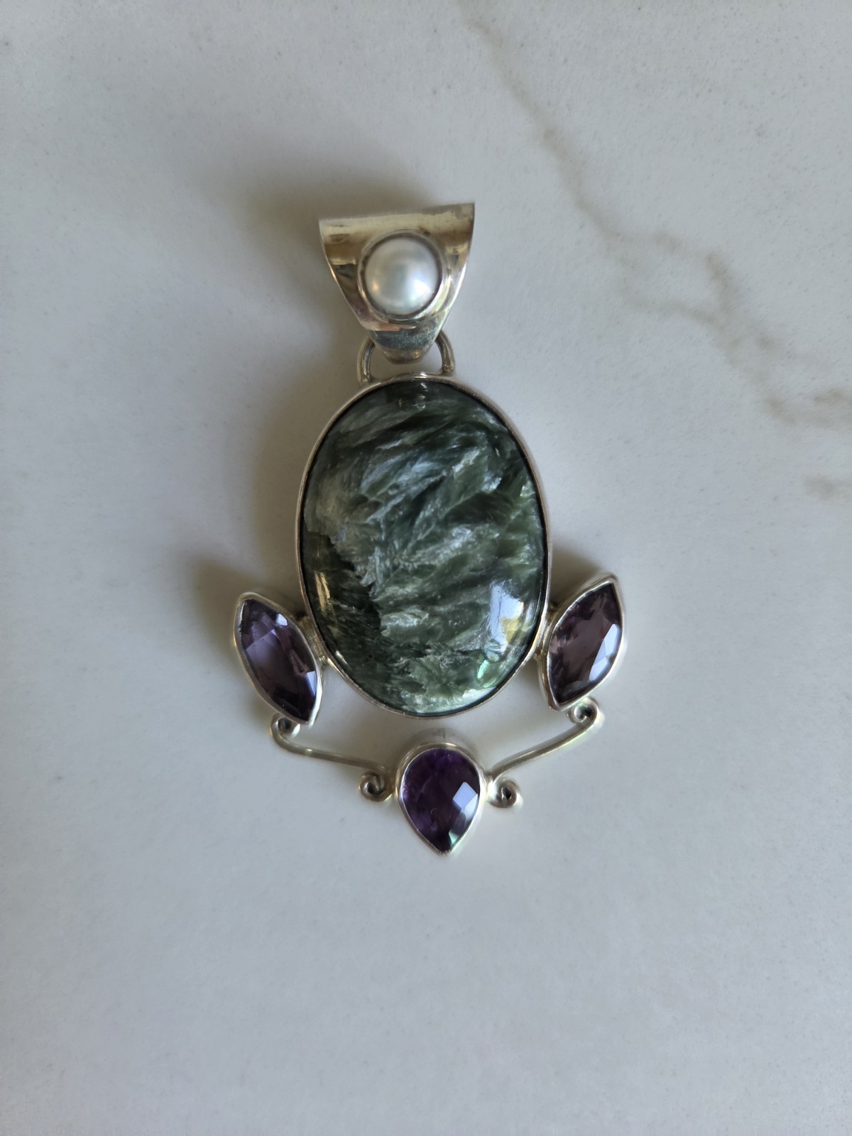 Vintage Sterling Silver 925 Seraphinite Amethyst Pearl Statement Pendant 17.16g
