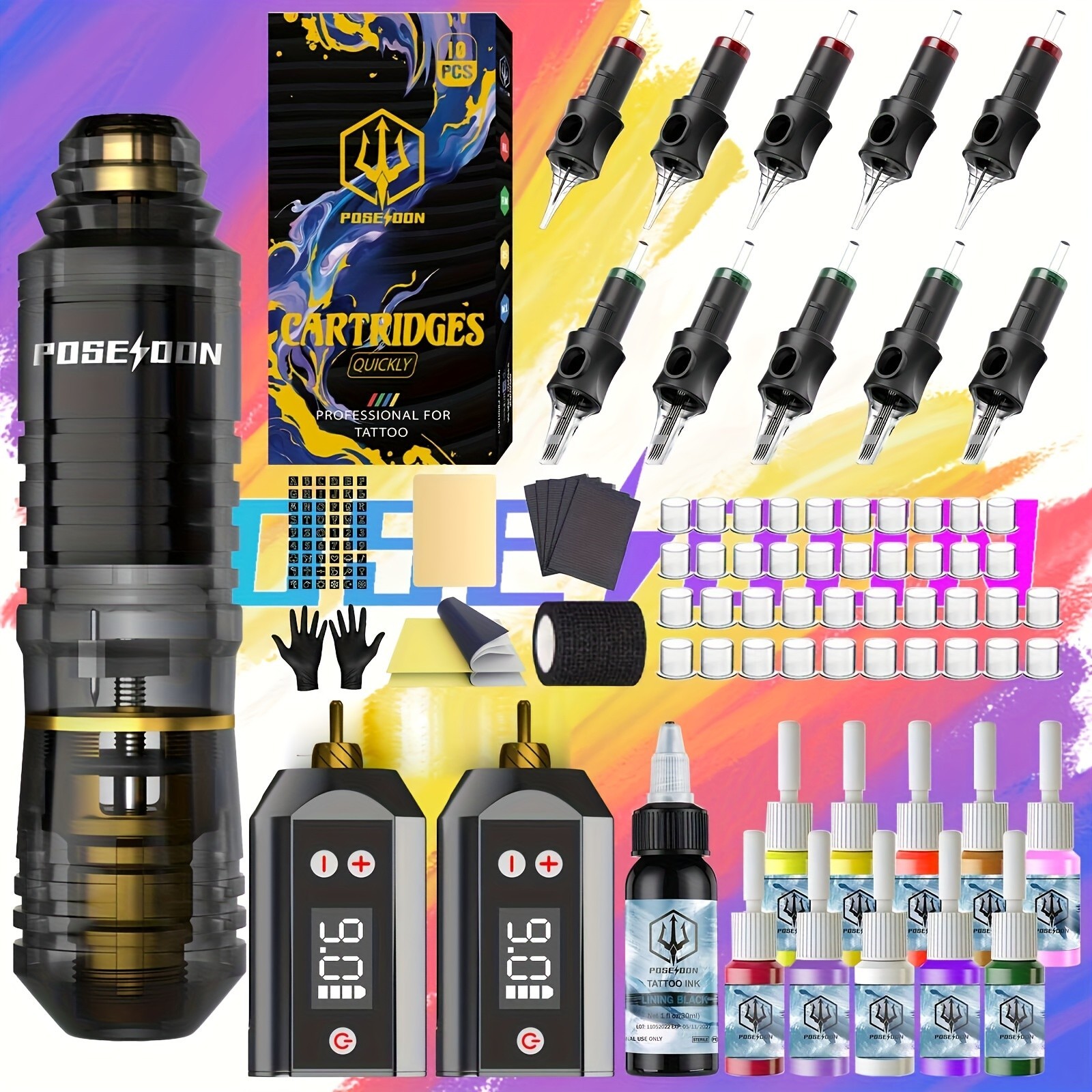 POSEIDON Wireless Tattoo Pen Kit Dual Battery Machine 1500mAh Motor Cartridge Ne