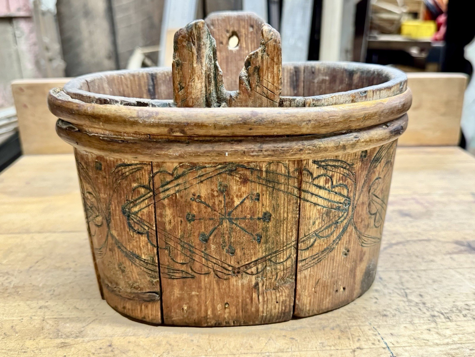 Antique Bent Wooden Oval Box Primitive Wood Bucket With Cravings Antique Bent Wooden Oval Box Primitive Wood Bucket With Cravings