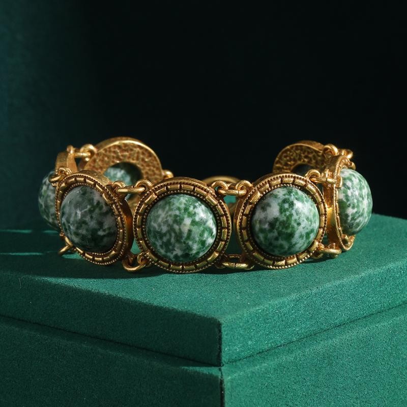 Vintage Natural Stone Bracelet Round Charm Gold Bangle Antique Jewellery Gift
